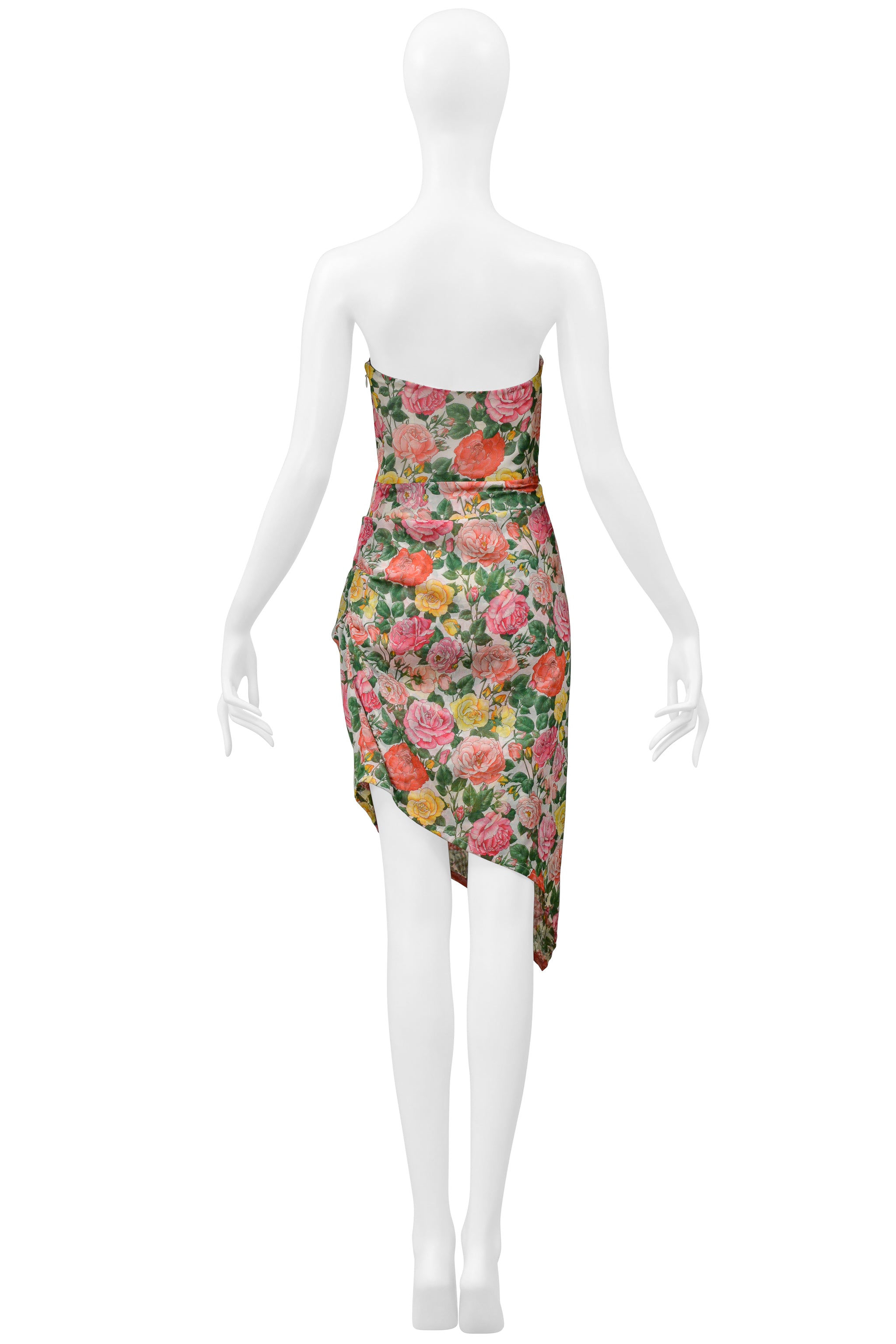 YVES SAINT LAURENT STRAPLESS FLORAL COTTON DRESS WITH ASYMMETRICAL HEMLINE