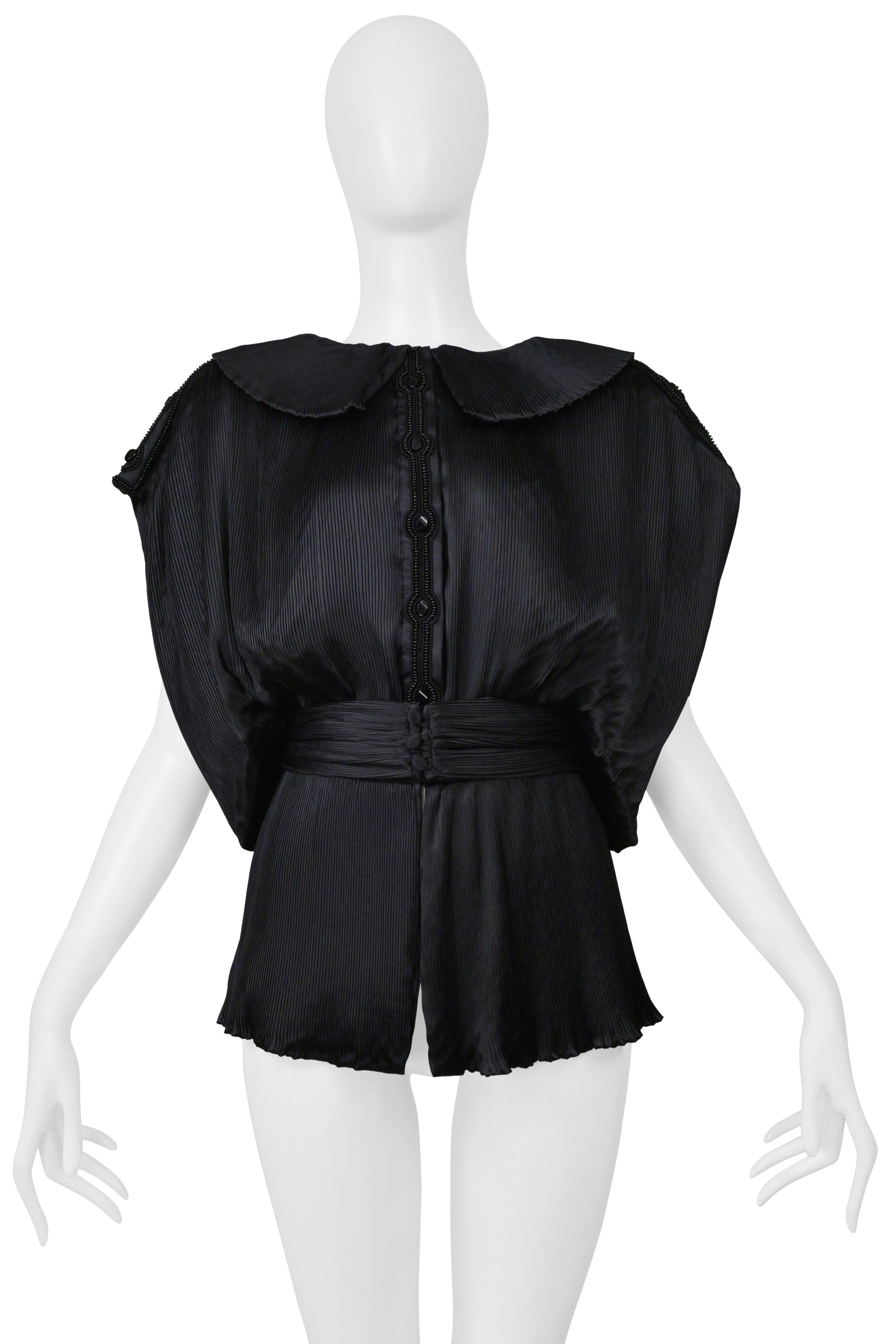 YUKI BLACK SATIN PLEATED BLOUSE WITH SASH