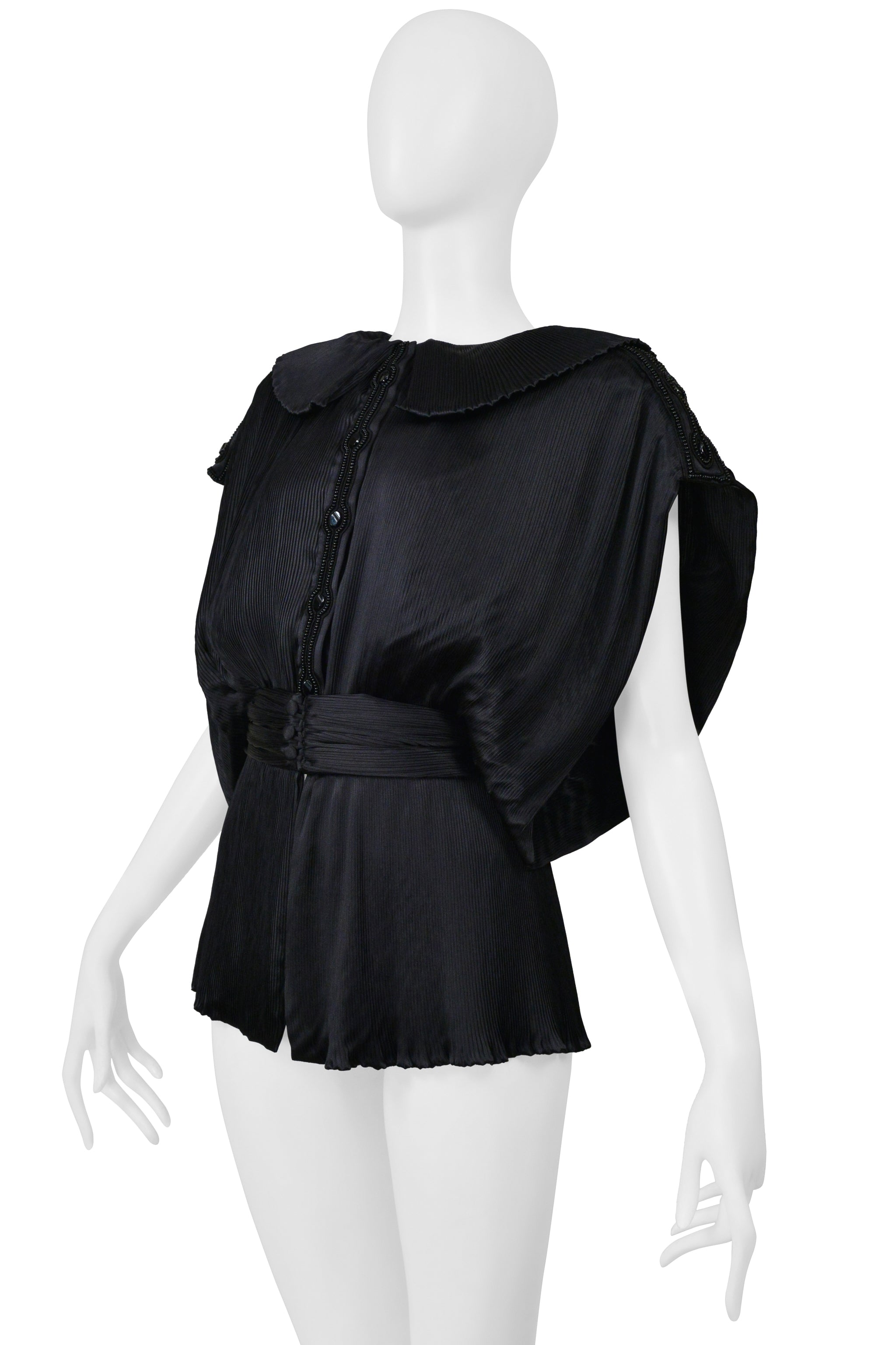 YUKI BLACK SATIN PLEATED BLOUSE WITH SASH