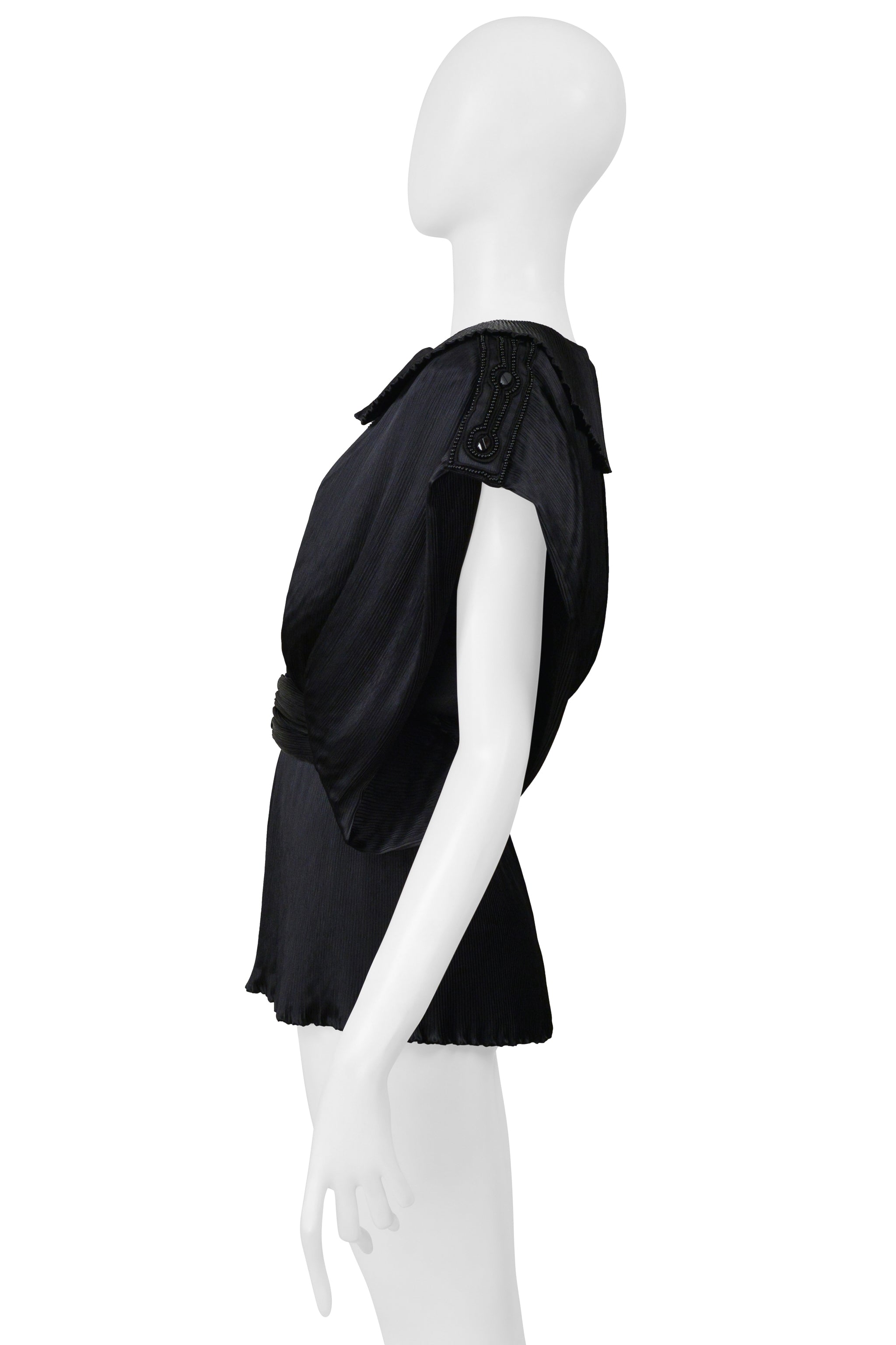 YUKI BLACK SATIN PLEATED BLOUSE WITH SASH