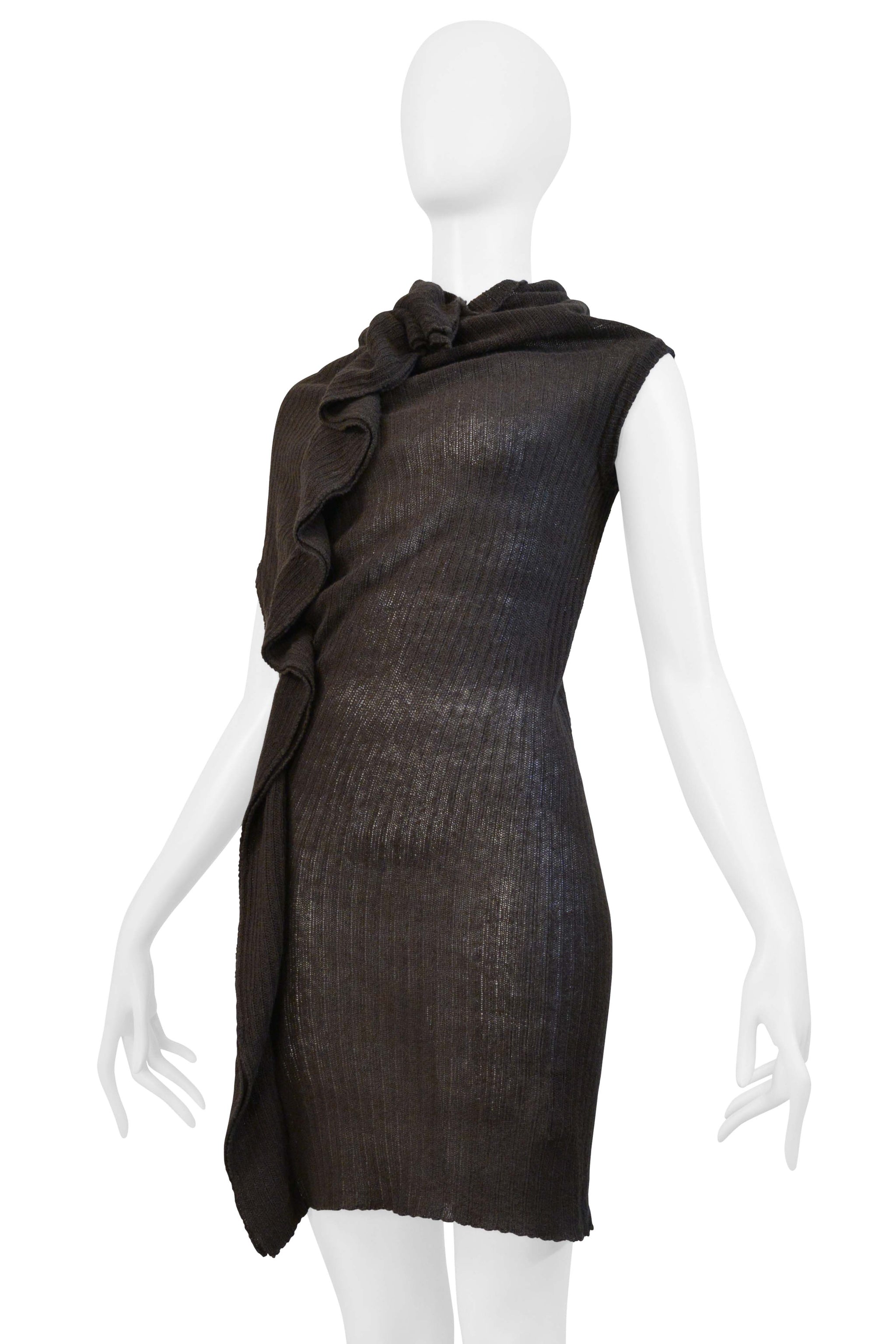 Y’S 2003 BY YOHJI ARMY GREEN RIBBED HIGH NECK SWEATER WITH RUFFLE