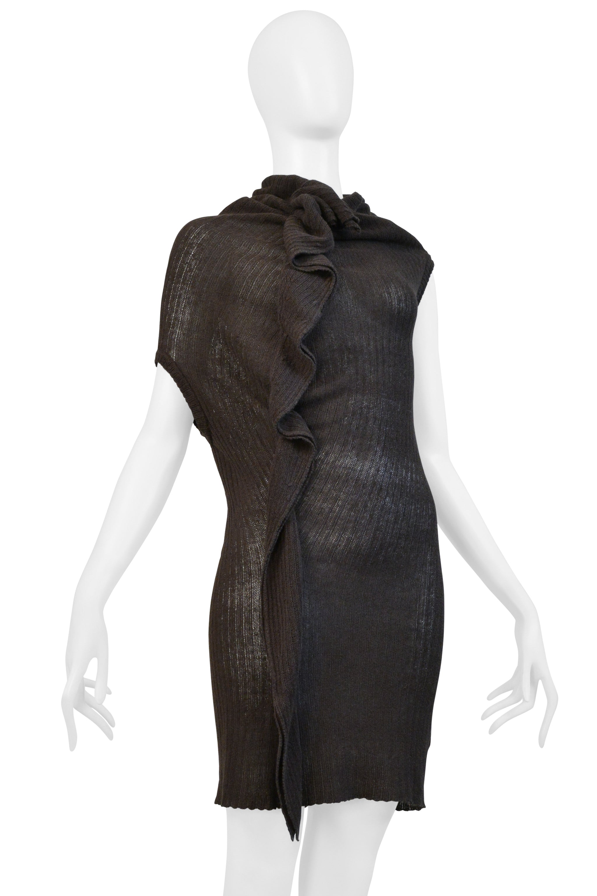 Y’S 2003 BY YOHJI ARMY GREEN RIBBED HIGH NECK SWEATER WITH RUFFLE