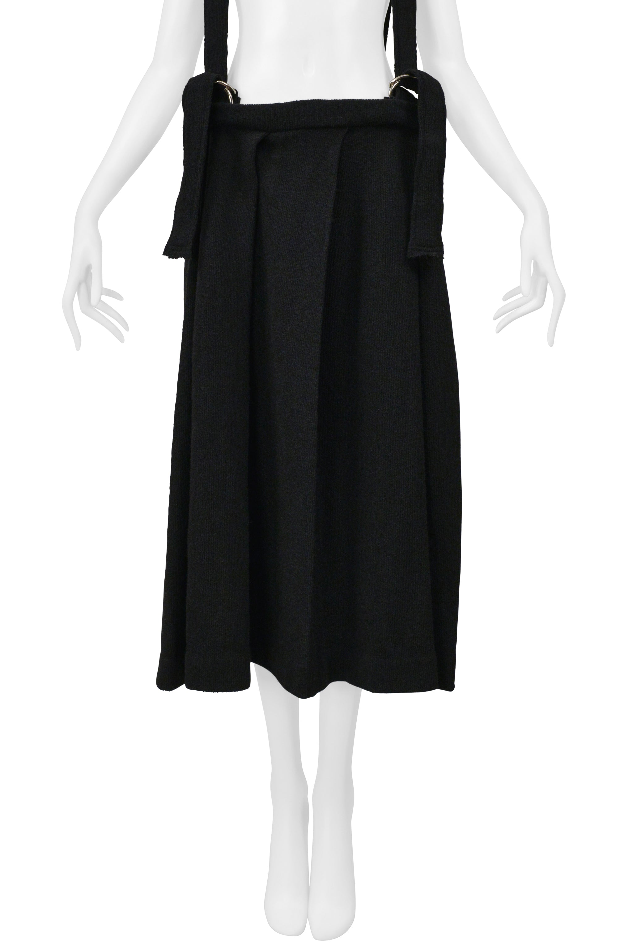 Y’S 2004–05 BY YOHJI YAMAMOTO BLACK KNIT SKIRT WITH SUSPENDERS & D-RINGS