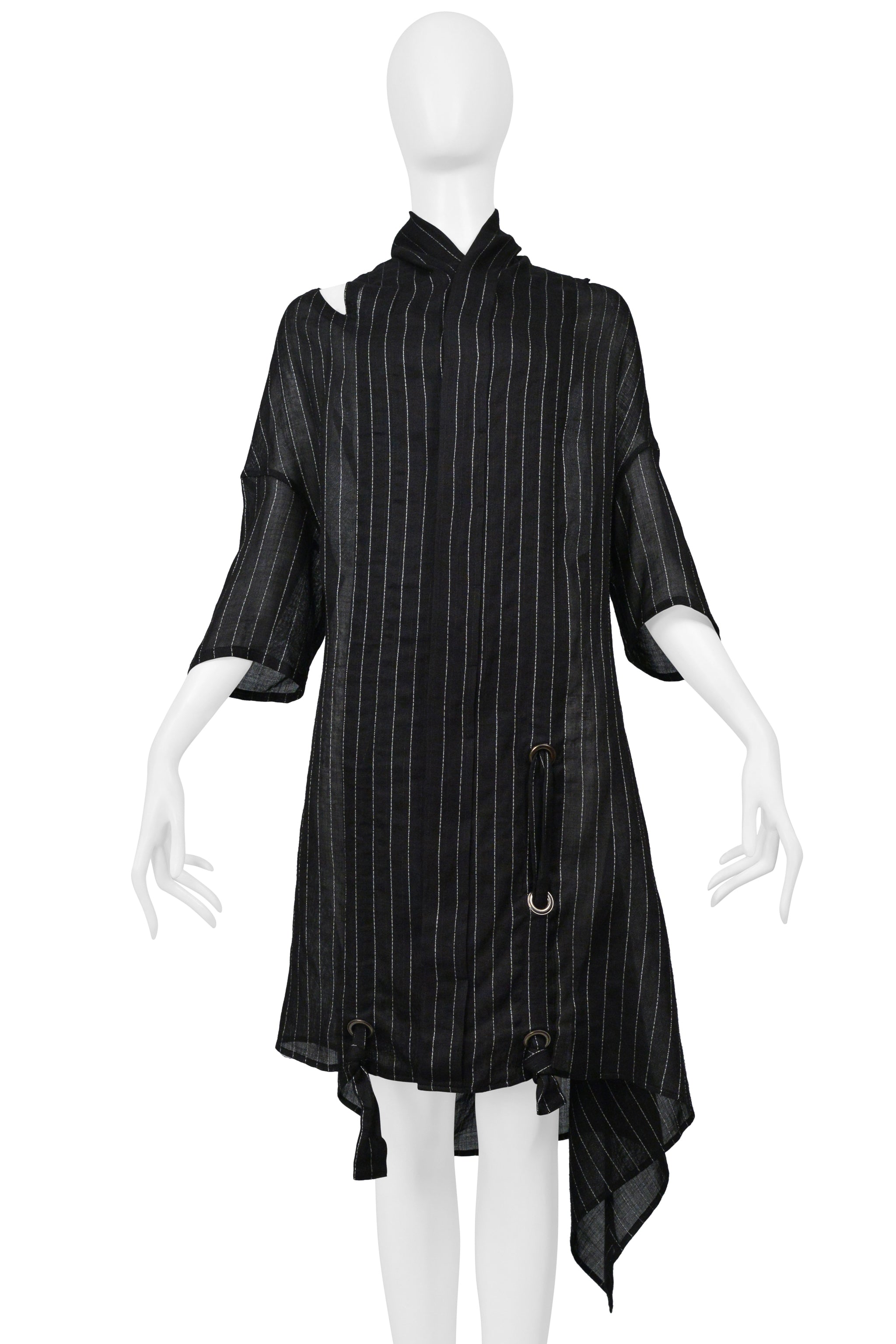 Y'S BY YOHJI YAMAMOTO BLACK OVERSIZED LINEN PINSTRIPE SHIRT 2004
