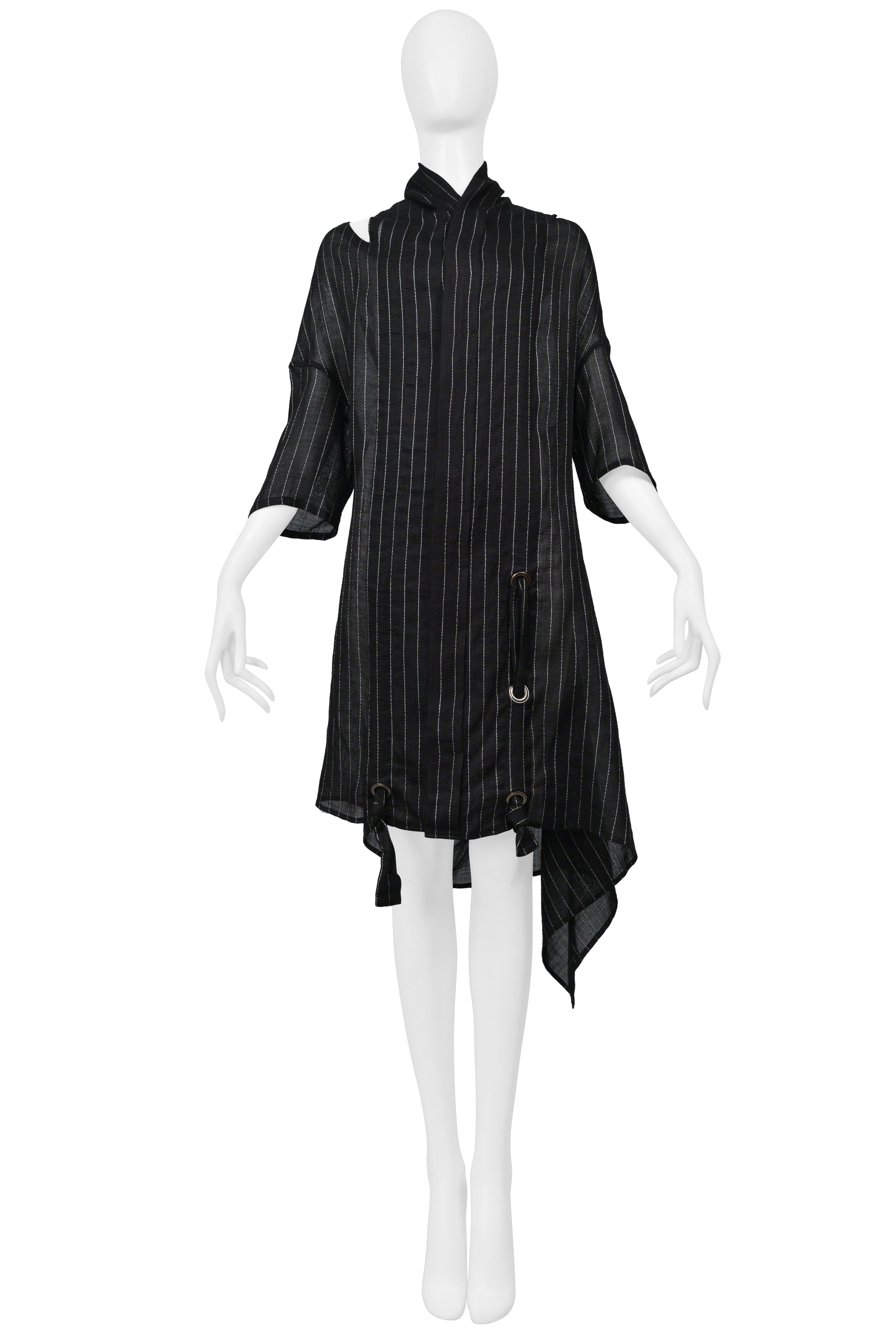 Y'S BY YOHJI YAMAMOTO BLACK OVERSIZED LINEN PINSTRIPE SHIRT 2004