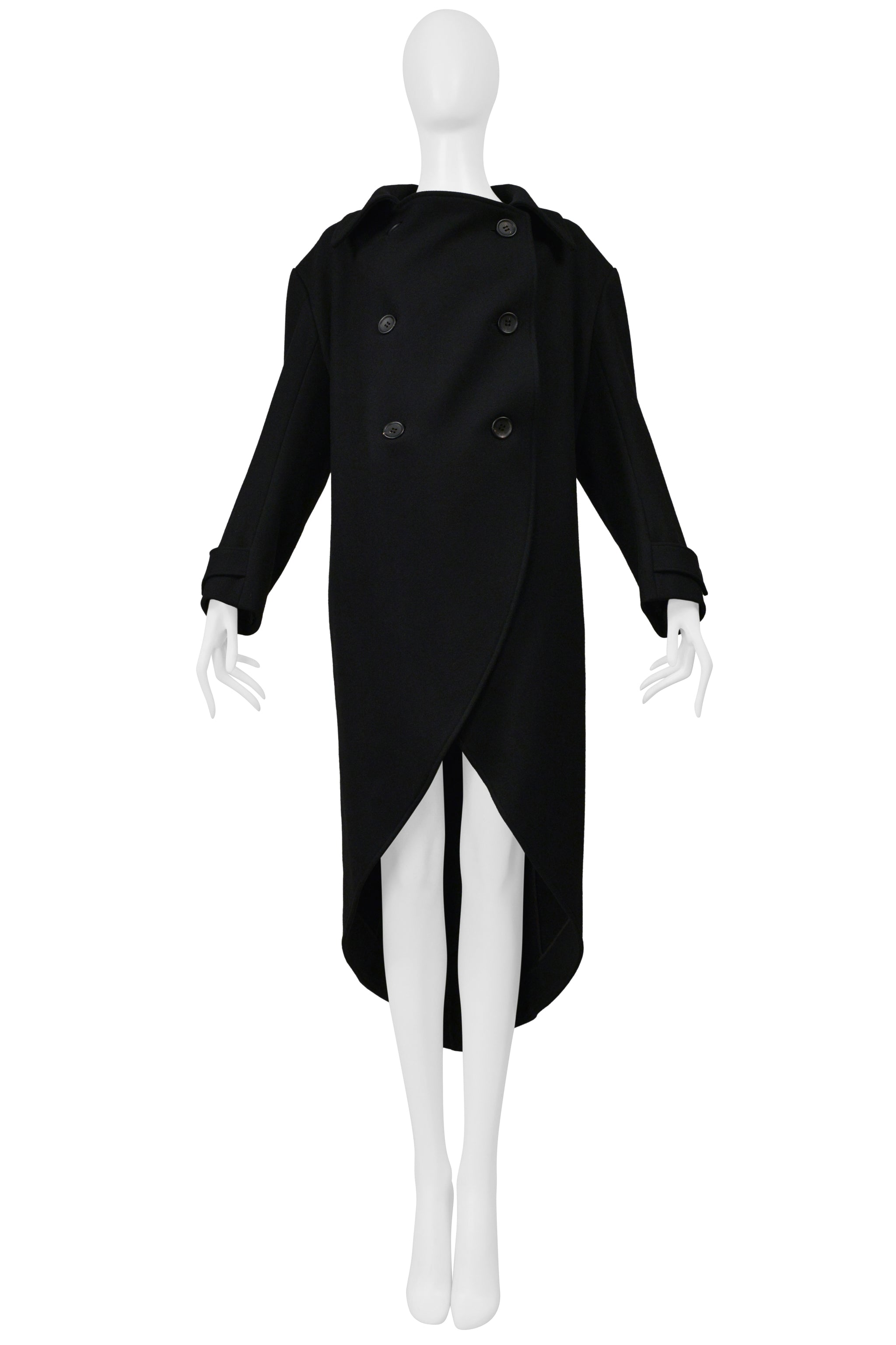 Y'S BY YOHJI BLACK DOUBLE BREASTED WOOL COAT WITH ROUND HEM 2005
