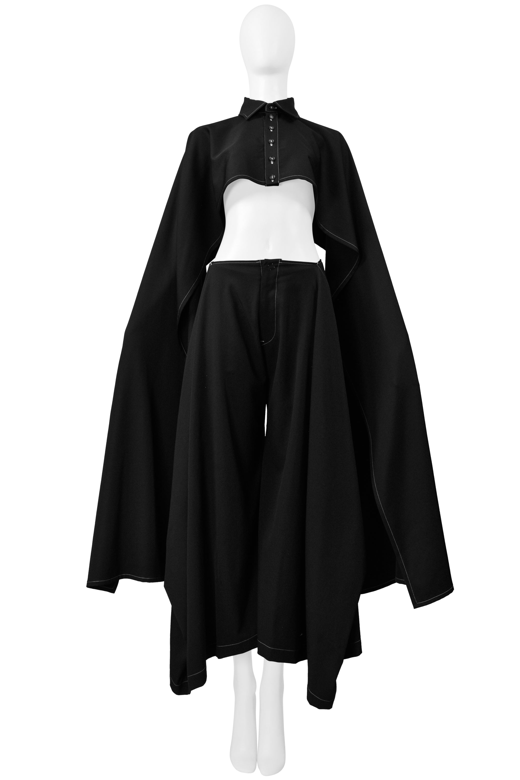 Y'S BY YOHJI YAMAMOTO BLACK CAPE TOP AND PANTS ENSEMBLE WITH WHITE STITCHING 2003-04