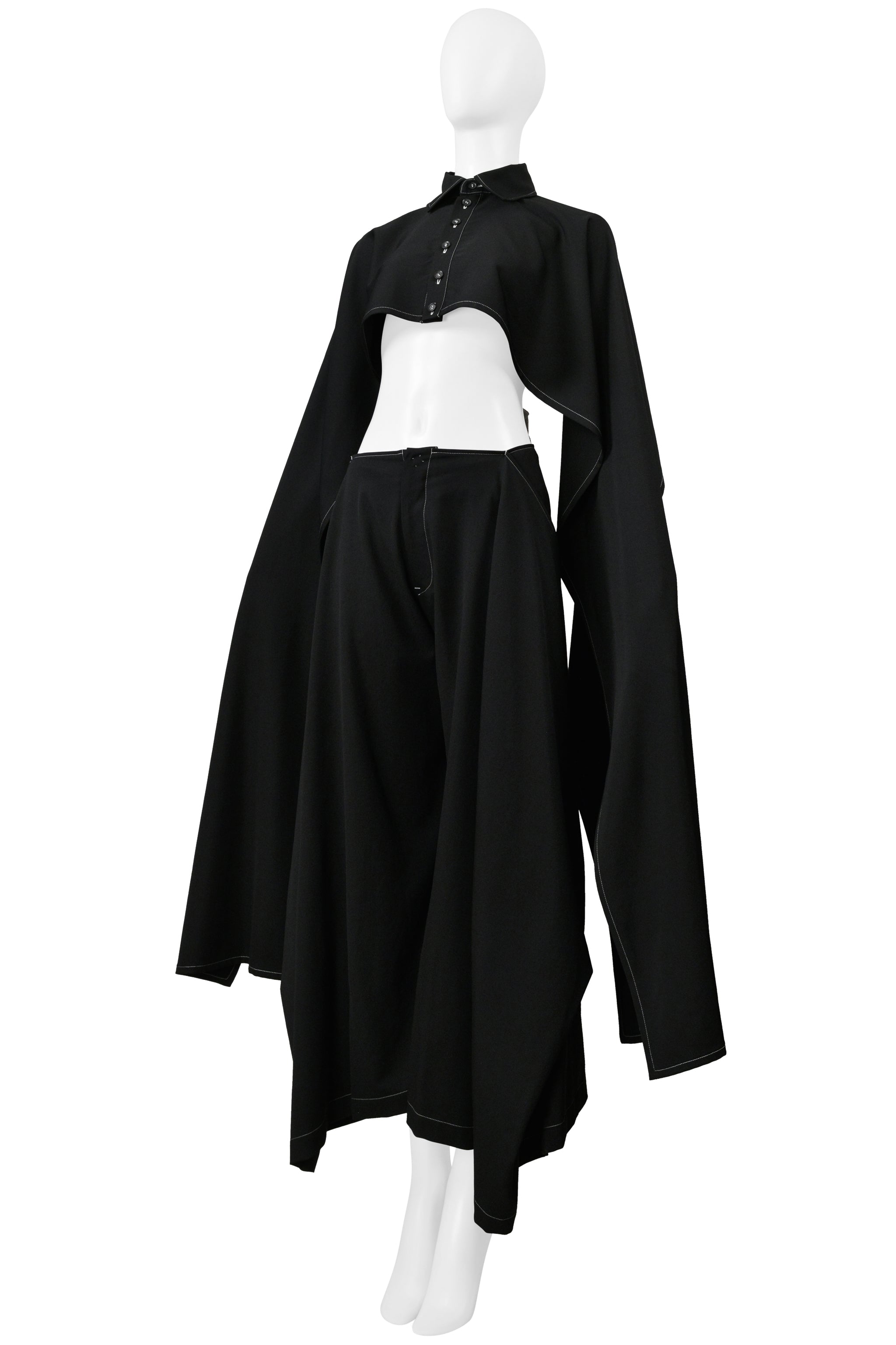 Y'S BY YOHJI YAMAMOTO BLACK CAPE TOP AND PANTS ENSEMBLE WITH WHITE STITCHING 2003-04