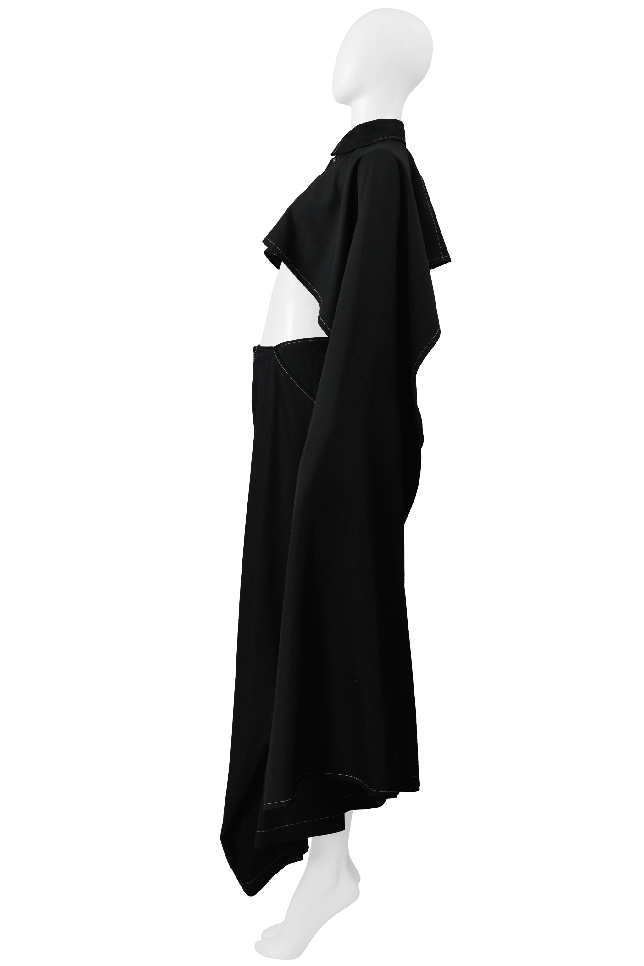 Y'S BY YOHJI YAMAMOTO BLACK CAPE TOP AND PANTS ENSEMBLE WITH WHITE STITCHING 2003-04