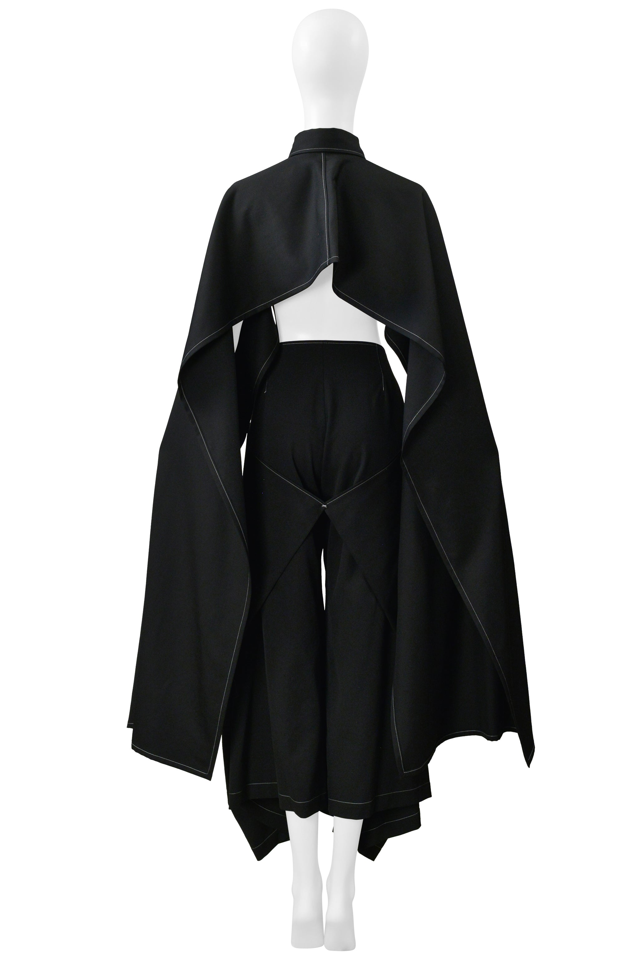 Y'S BY YOHJI YAMAMOTO BLACK CAPE TOP AND PANTS ENSEMBLE WITH WHITE STITCHING 2003-04