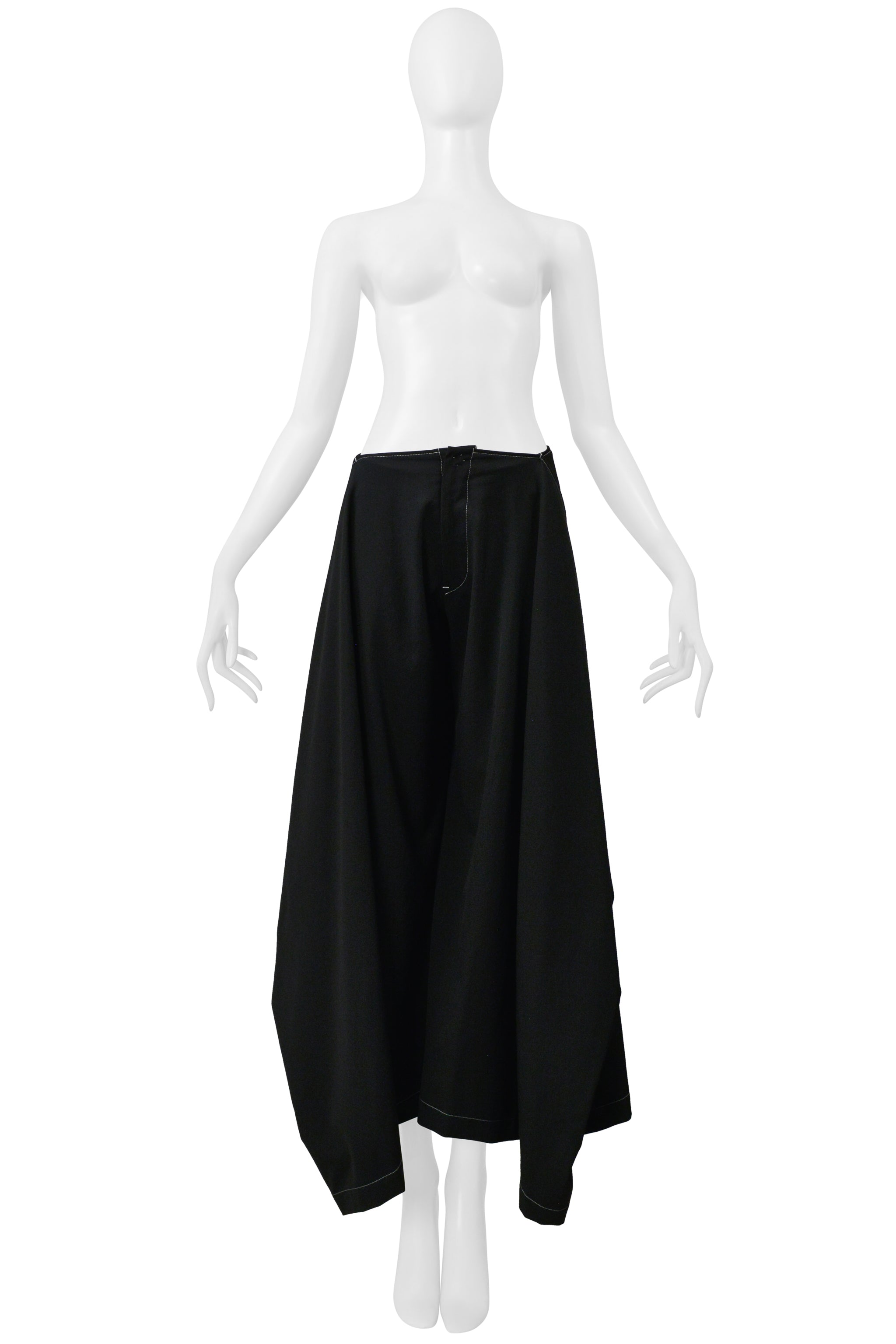Y'S BY YOHJI YAMAMOTO BLACK CAPE TOP AND PANTS ENSEMBLE WITH WHITE STITCHING 2003-04