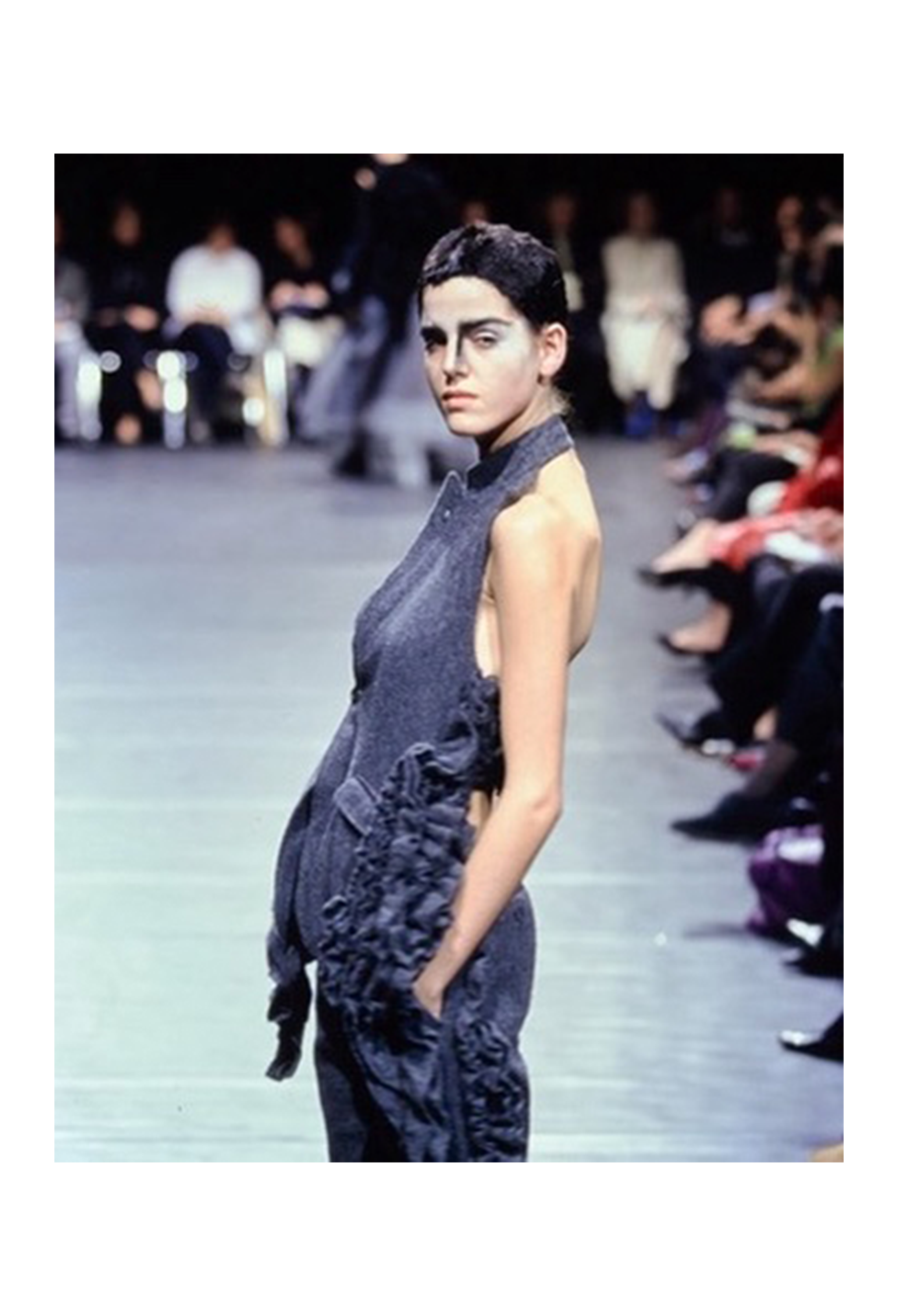 COMME DES GARCONS GREY WOOL VEST WITH RUFFLES AND OPEN BACK AND LEATHER STRAP 2000-2001