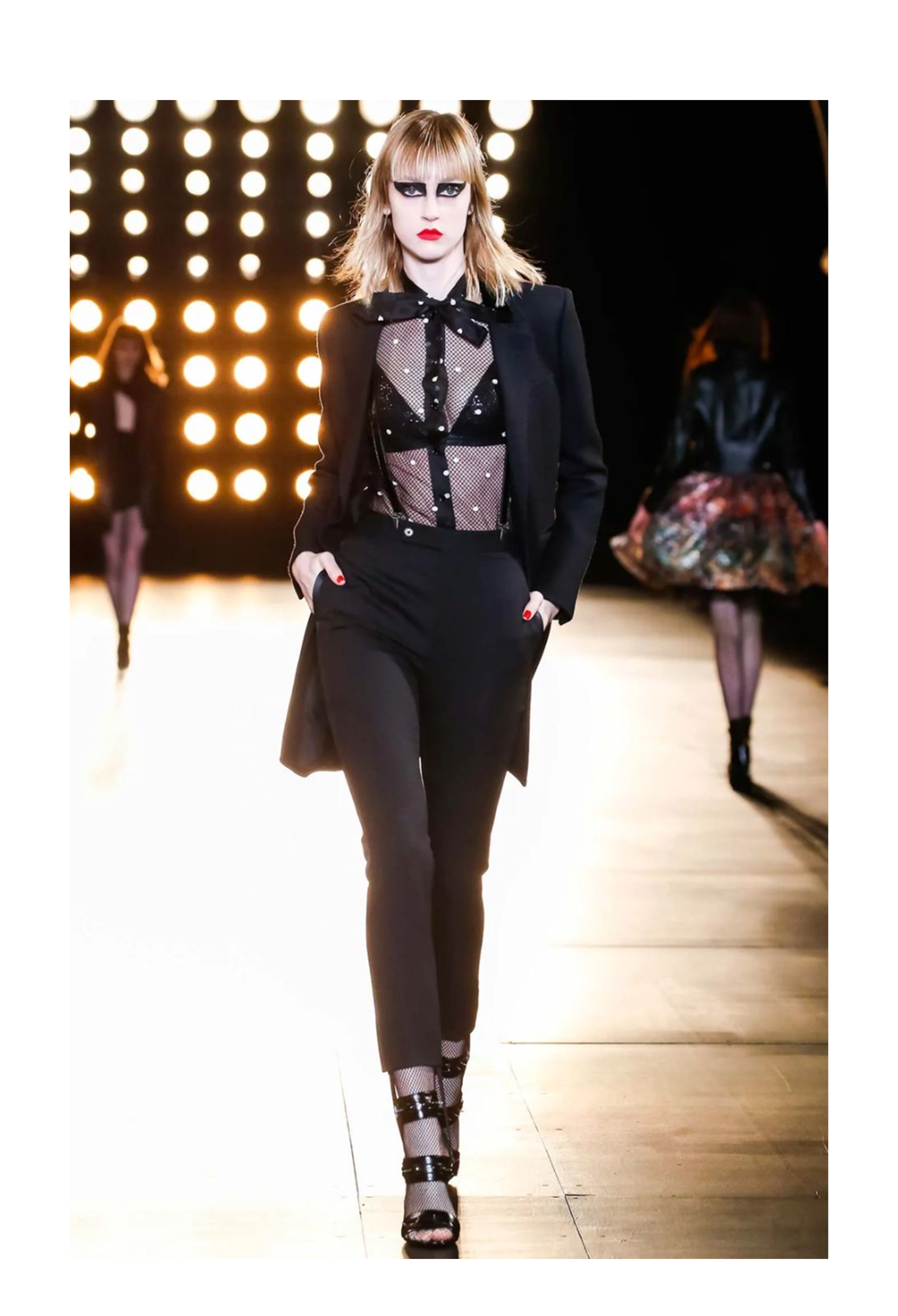 SAINT LAURENT PARIS BY HEDI SLIMANE BLACK MESH TOP WITH WHITE EMBROIDERED DOTS 2015
