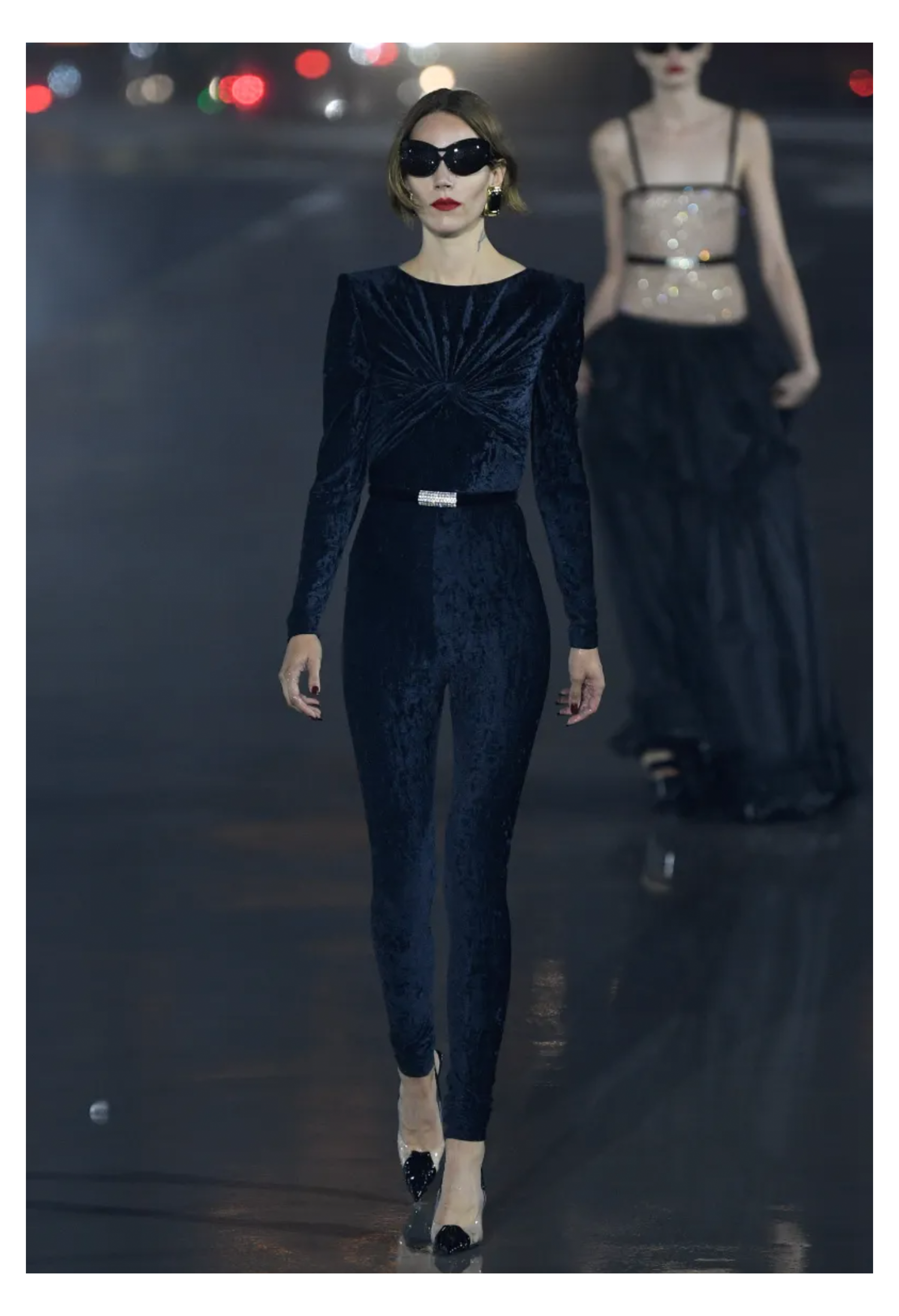 SAINT LAURENT PARIS MIDNIGHT CRUSHED VELVET JUMPSUIT 2021