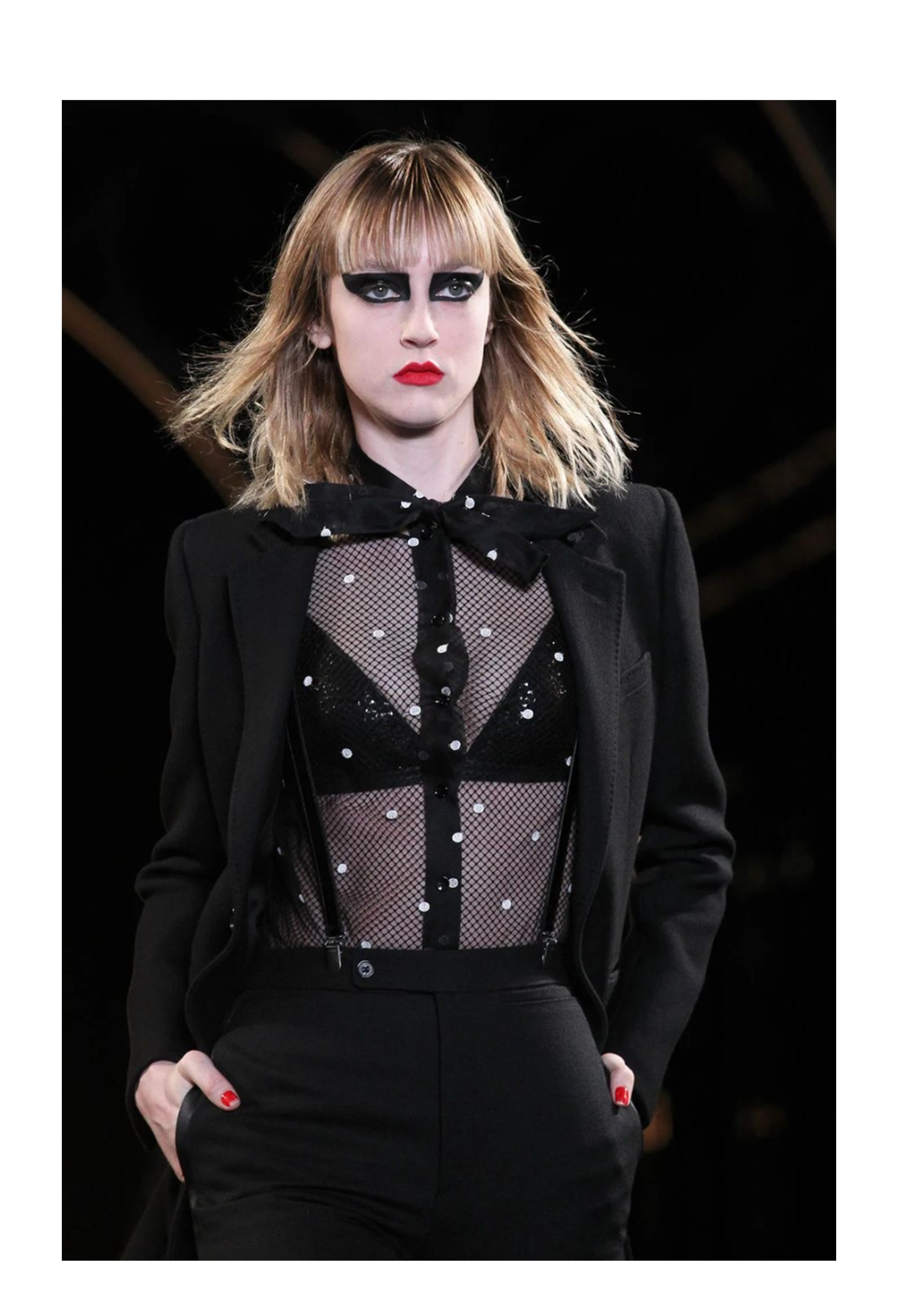 SAINT LAURENT PARIS BY HEDI SLIMANE BLACK MESH TOP WITH WHITE EMBROIDERED DOTS 2015