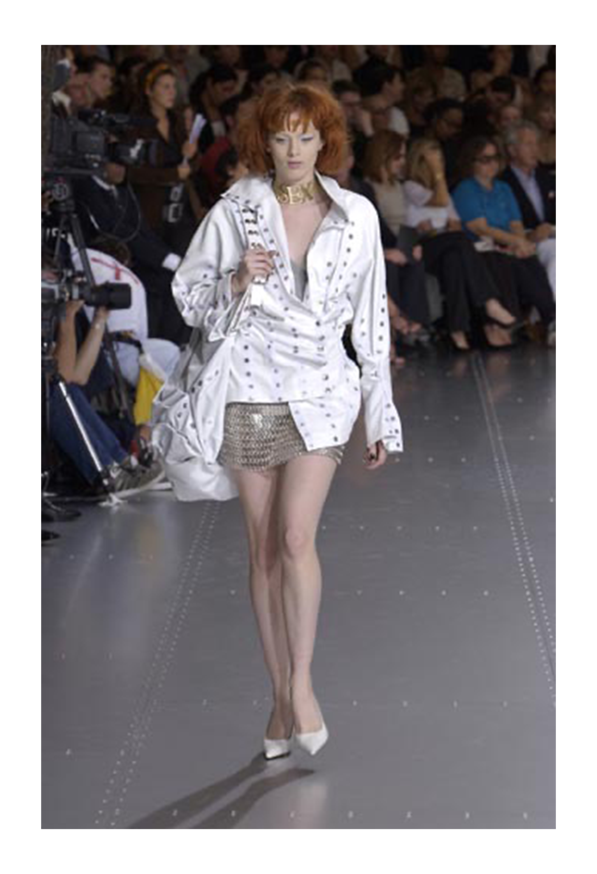 DOLCE & GABBANA SILVER MINI LEATHER SKIRT WITH METAL DISCS 2003