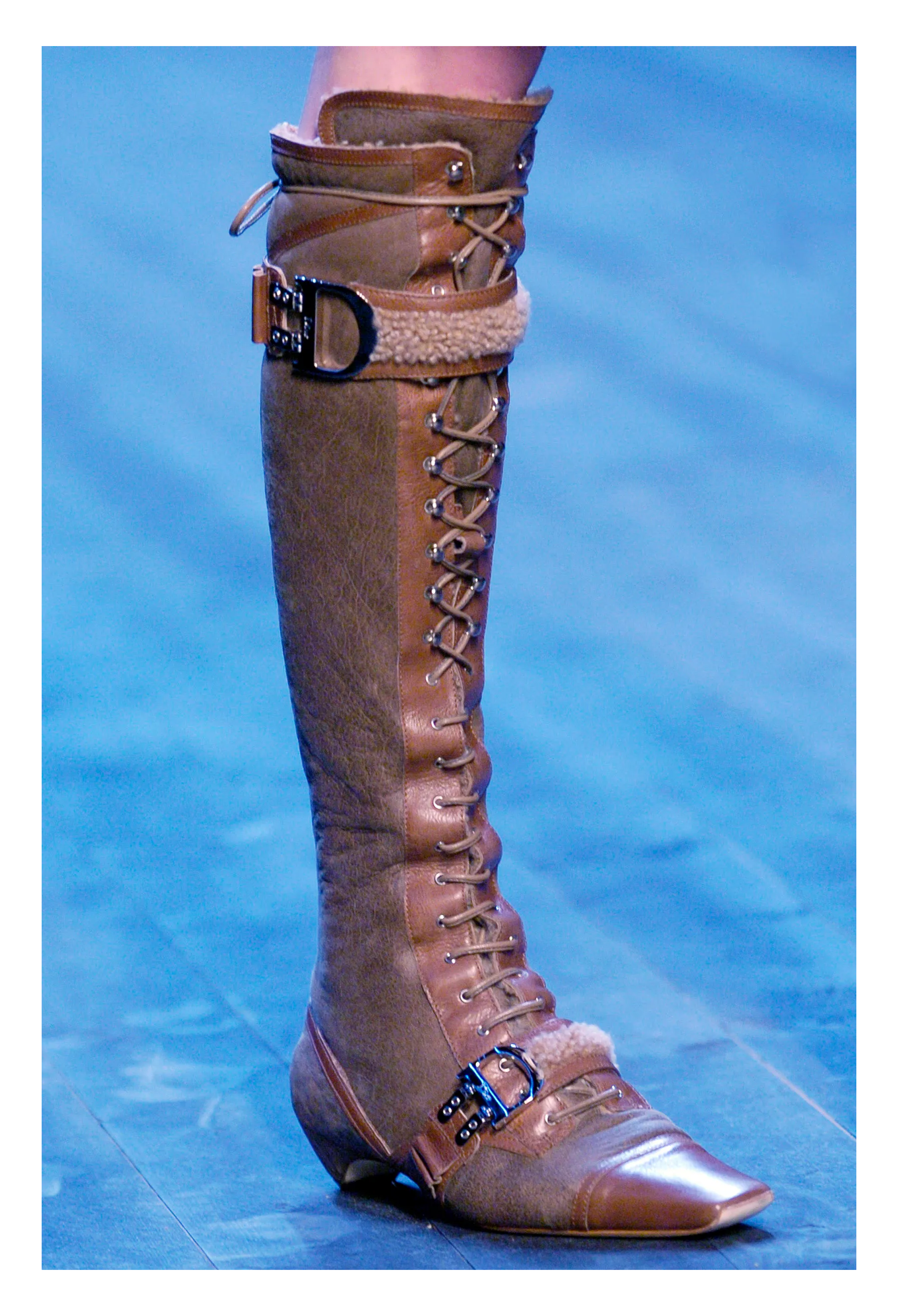 CHRISTIAN DIOR BROWN SHEARLING LACE UP BOOTS 2005