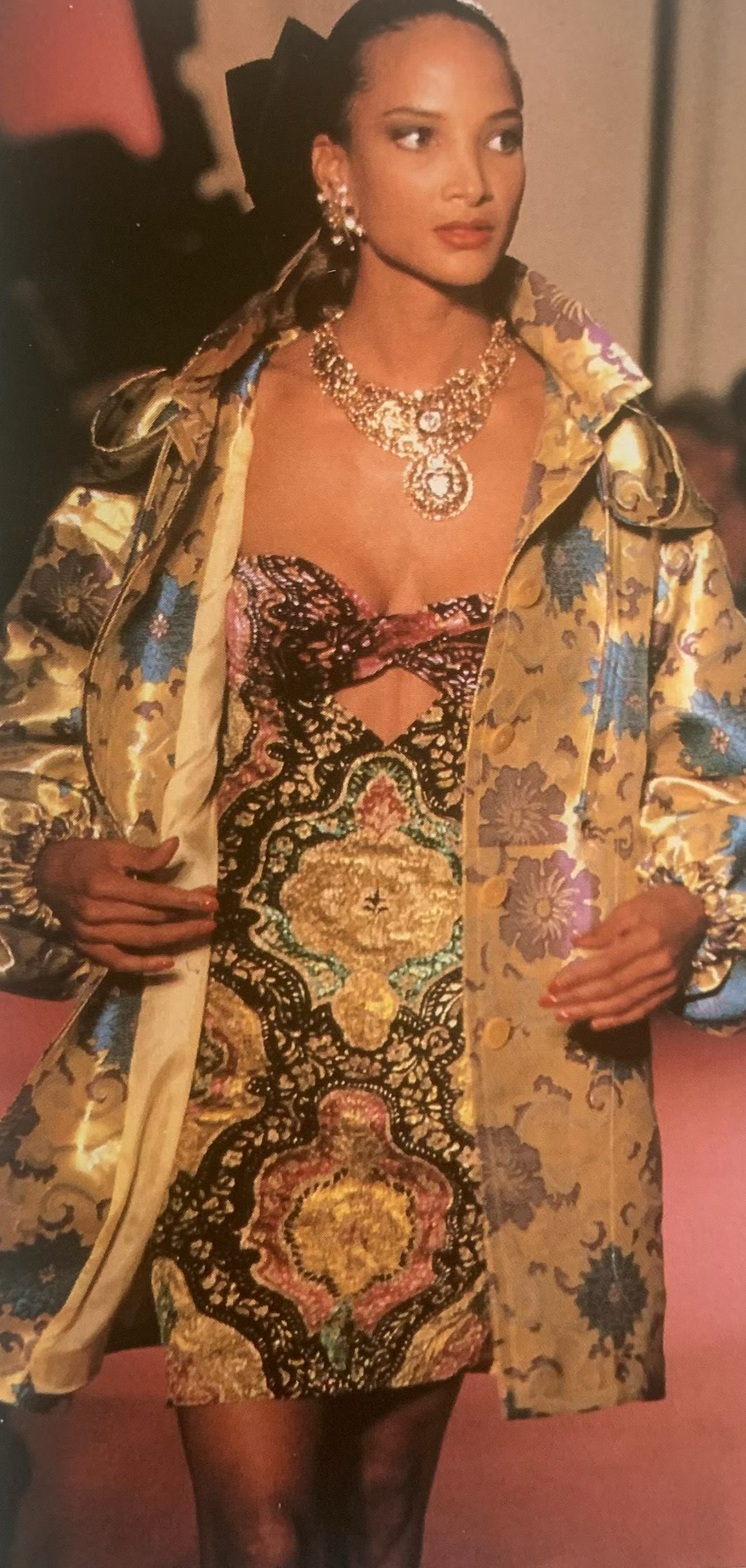 CHRISTIAN LACROIX MULTI COLORED AND GOLD PAINTED CRUSHED VELVET DRESS 1991