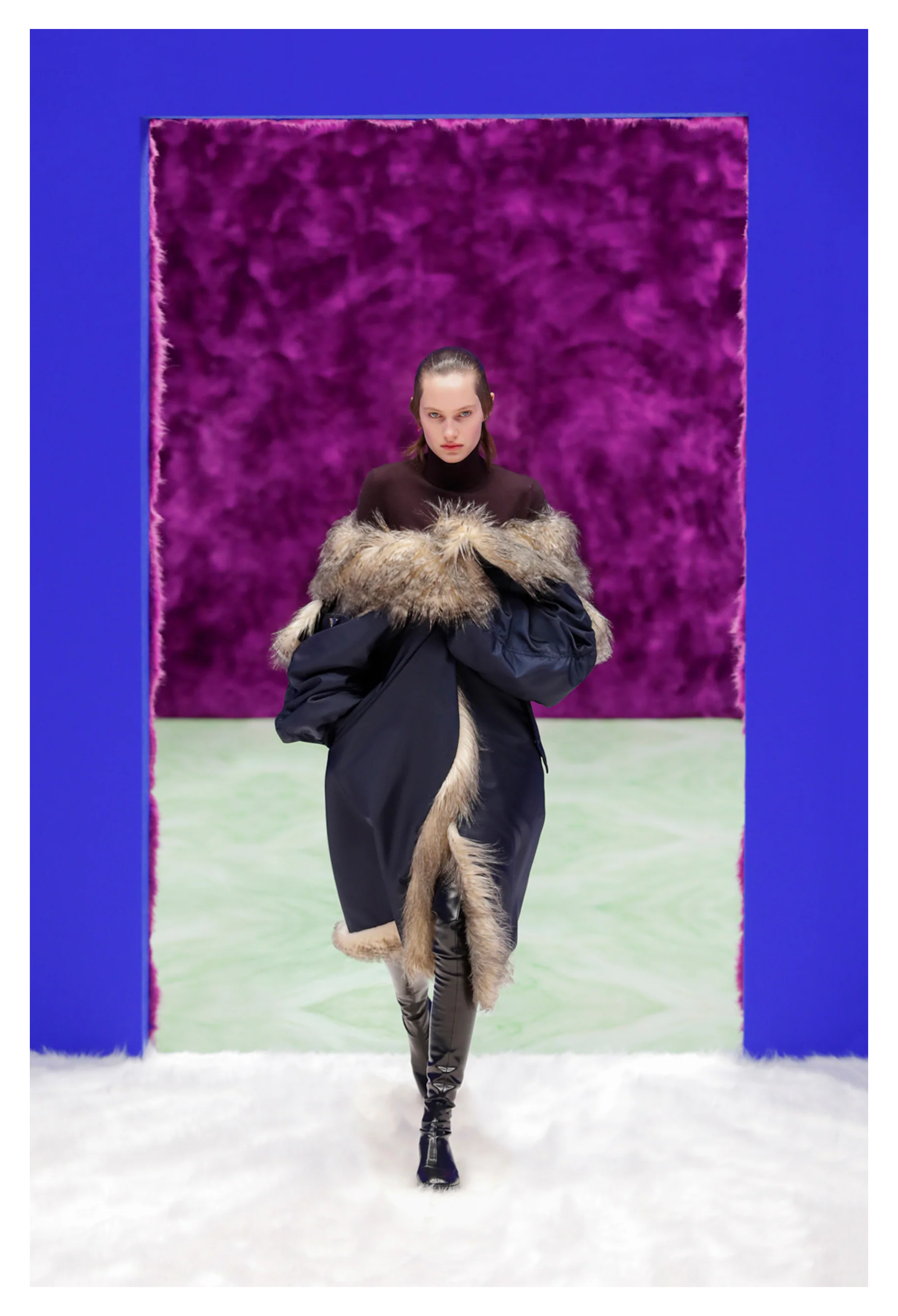 PRADA BY RAF SIMONS BLUE BOMBER COAT WITH FAUX FUR AND HOOD 2021
