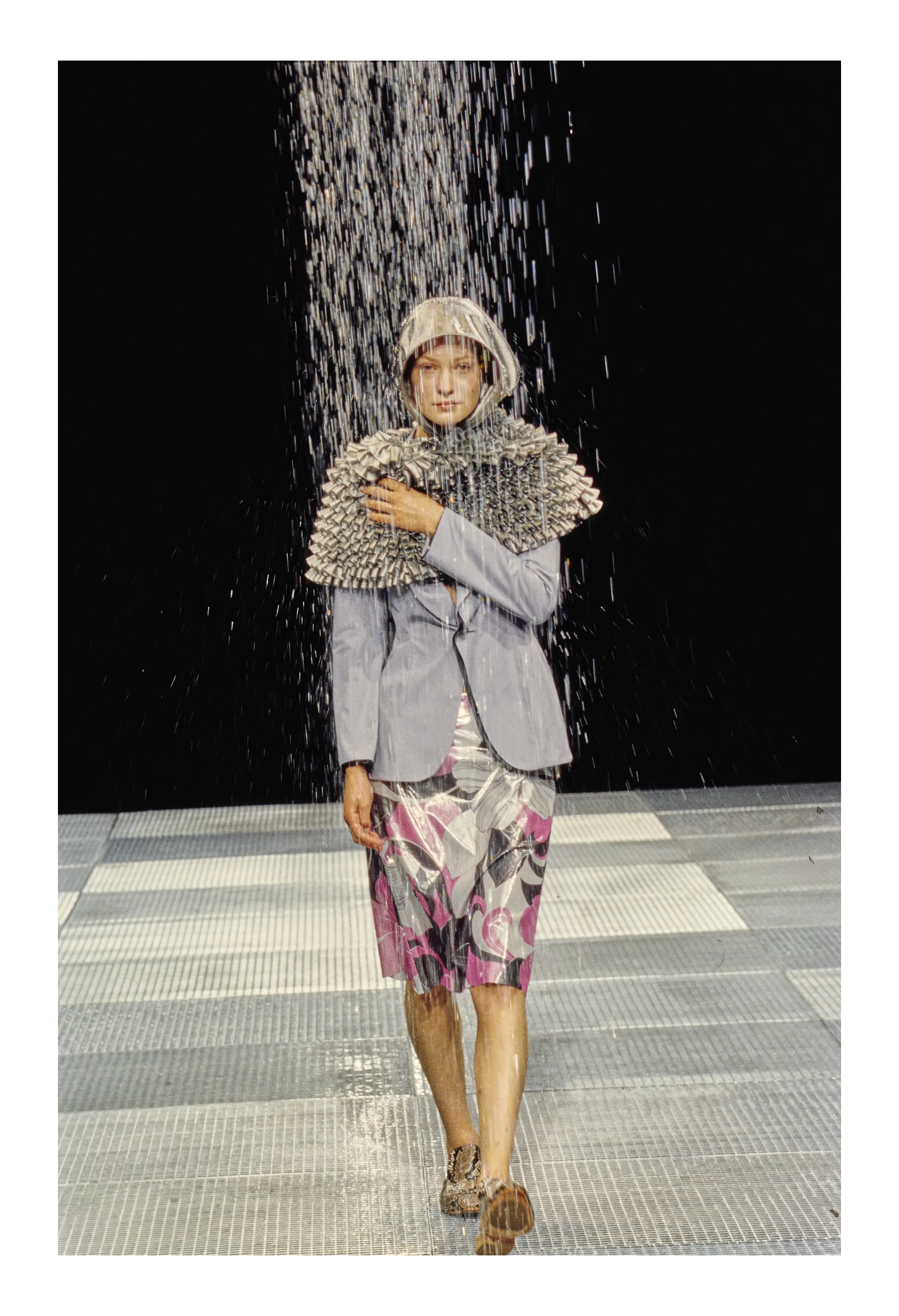 JUNYA WATANABE REVERSIBLE METALLIC FLORAL LAME TECH DRESS WITH BLACK & MESH INTERIOR SS 2000