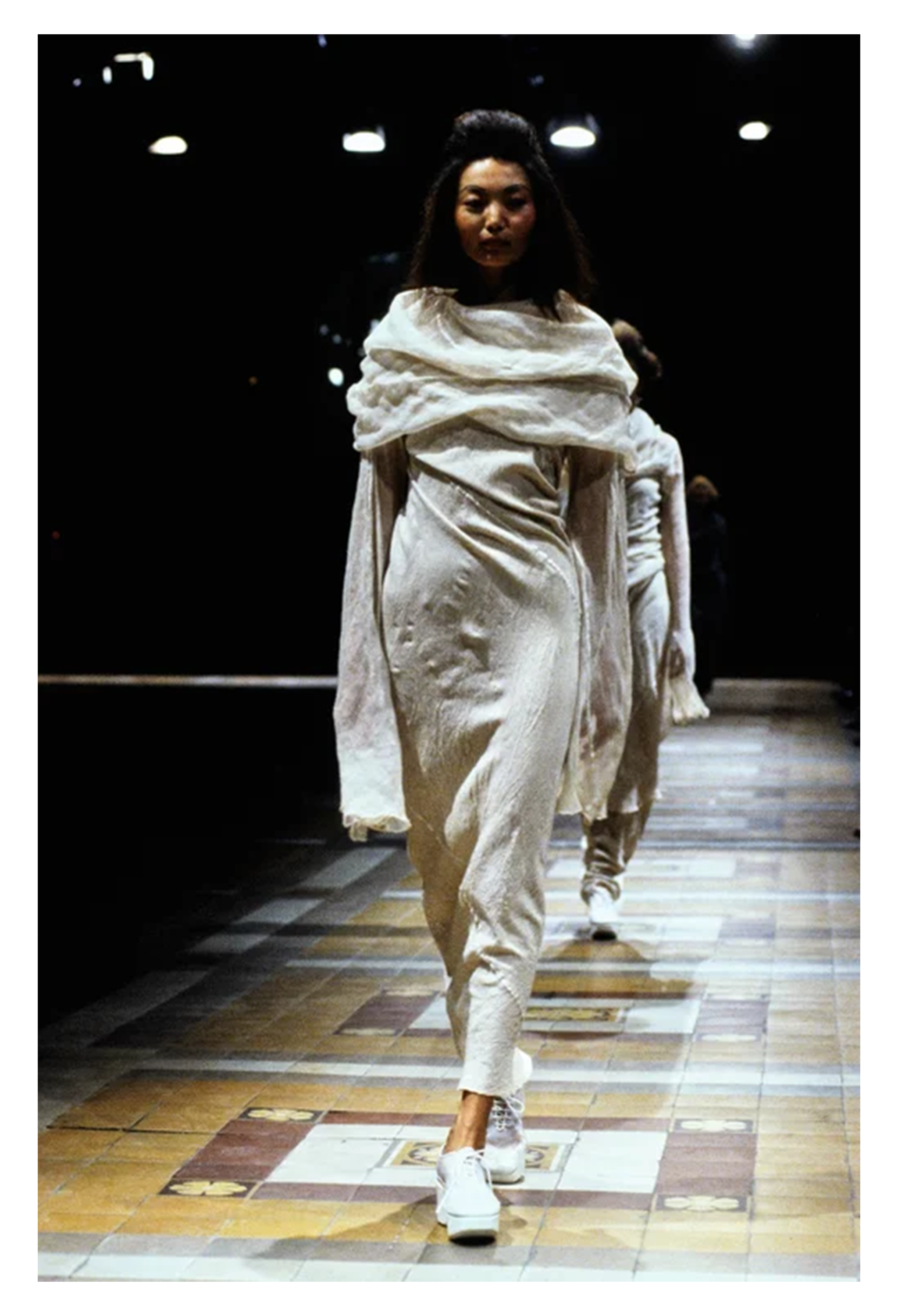 ISSEY MIYAKE WHITE LONG LINEN DRESS WITH DRAPED NECK 1998