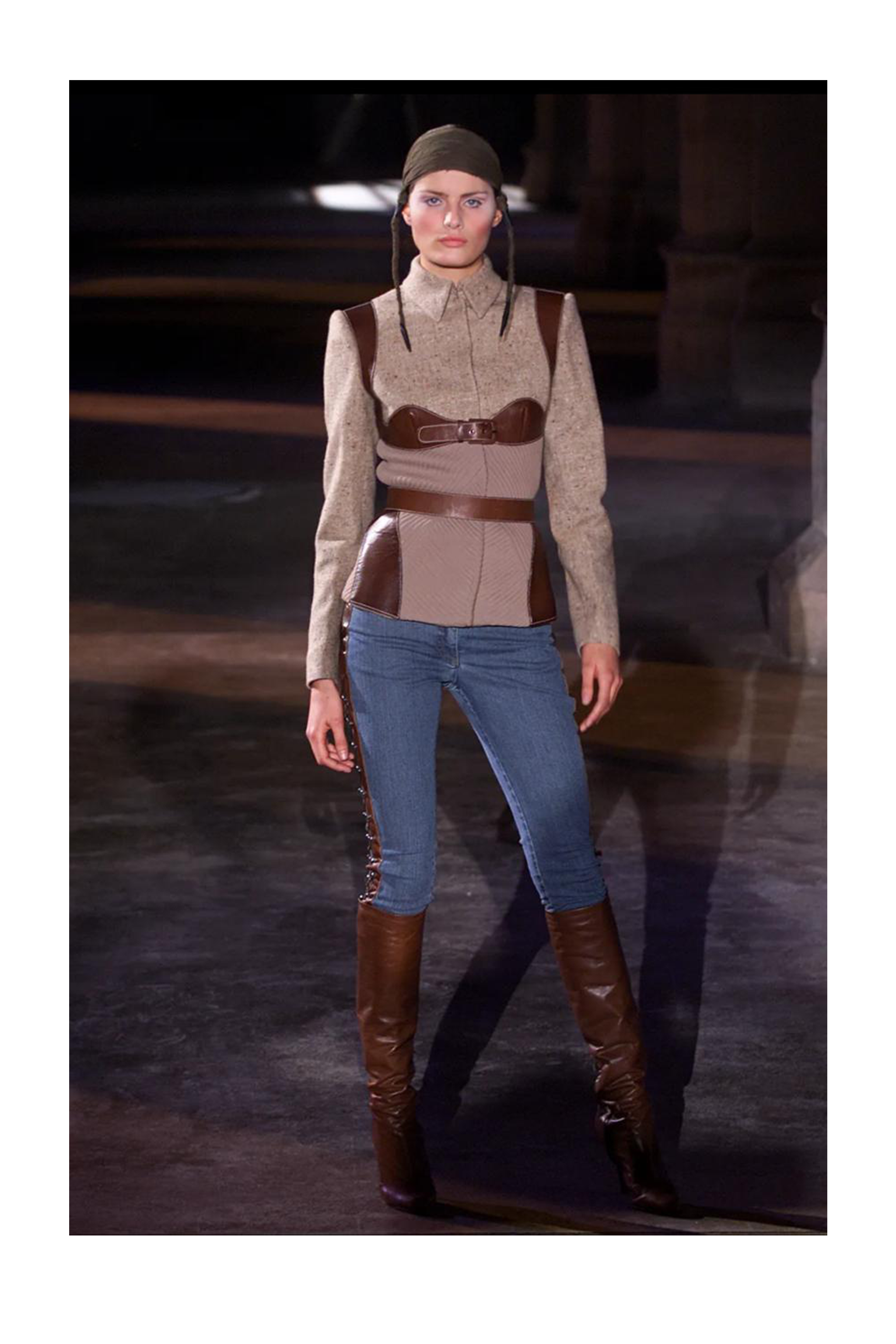 ALEXANDER MCQUEEN DENIM & BROWN LEATHER CORSET JEANS 2002