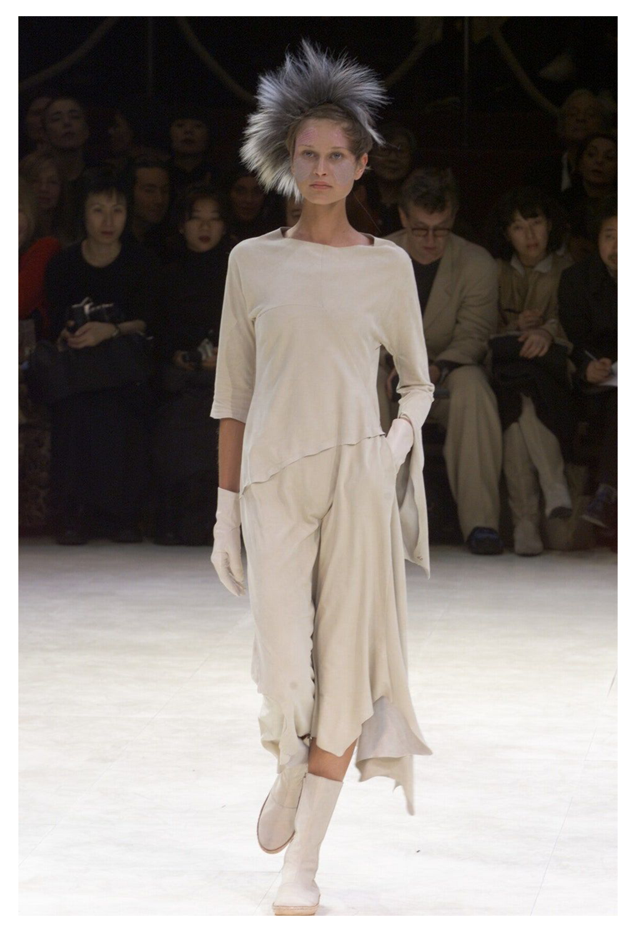 YOHJI YAMAMOTO BEIGE SUEDE DRESS WITH RAW HEM AND ASYMMETRICAL SLEEVES 2000-2001
