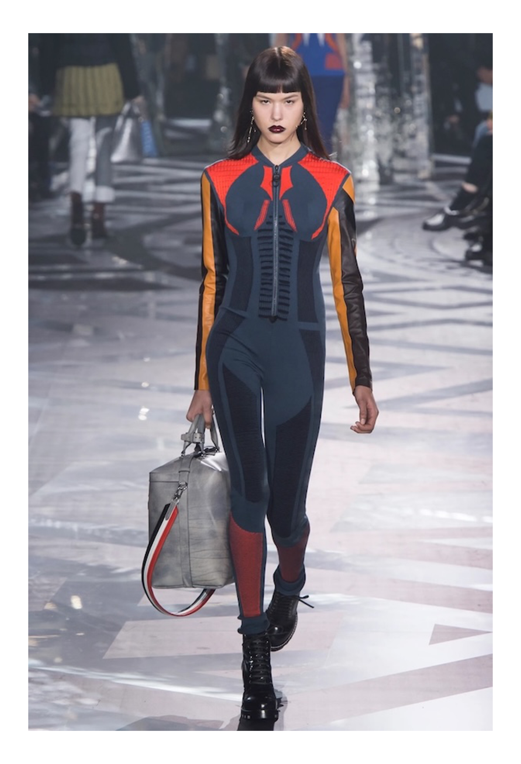 LOUIS VUITTON BY NICOLAS GHESQUIERE MULTICOLOR KNIT CROP SWEATER AND RED LEATHER PANTS 2016
