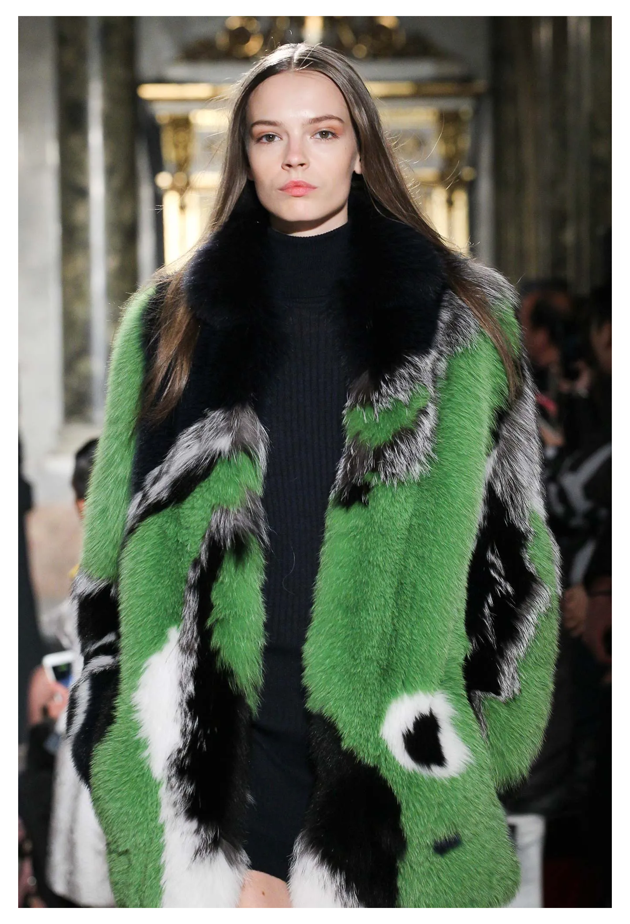 PUCCI GREEN BLACK WHITE AND GREY FOX FUR COAT 2015