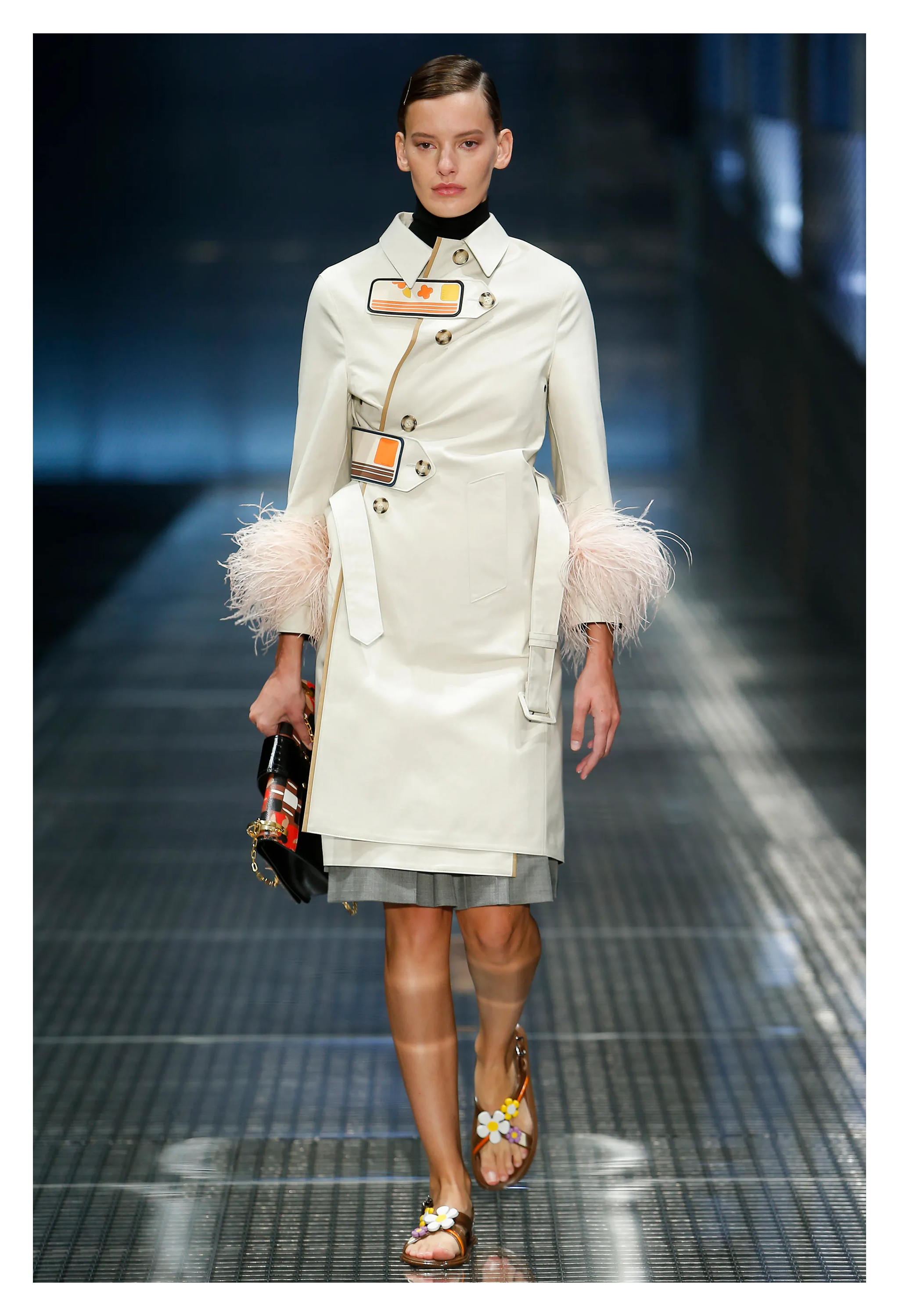 PRADA KHAKI TRENCH COAT WITH VELCRO PATCHES AND FEATHER SLEEVES 2017