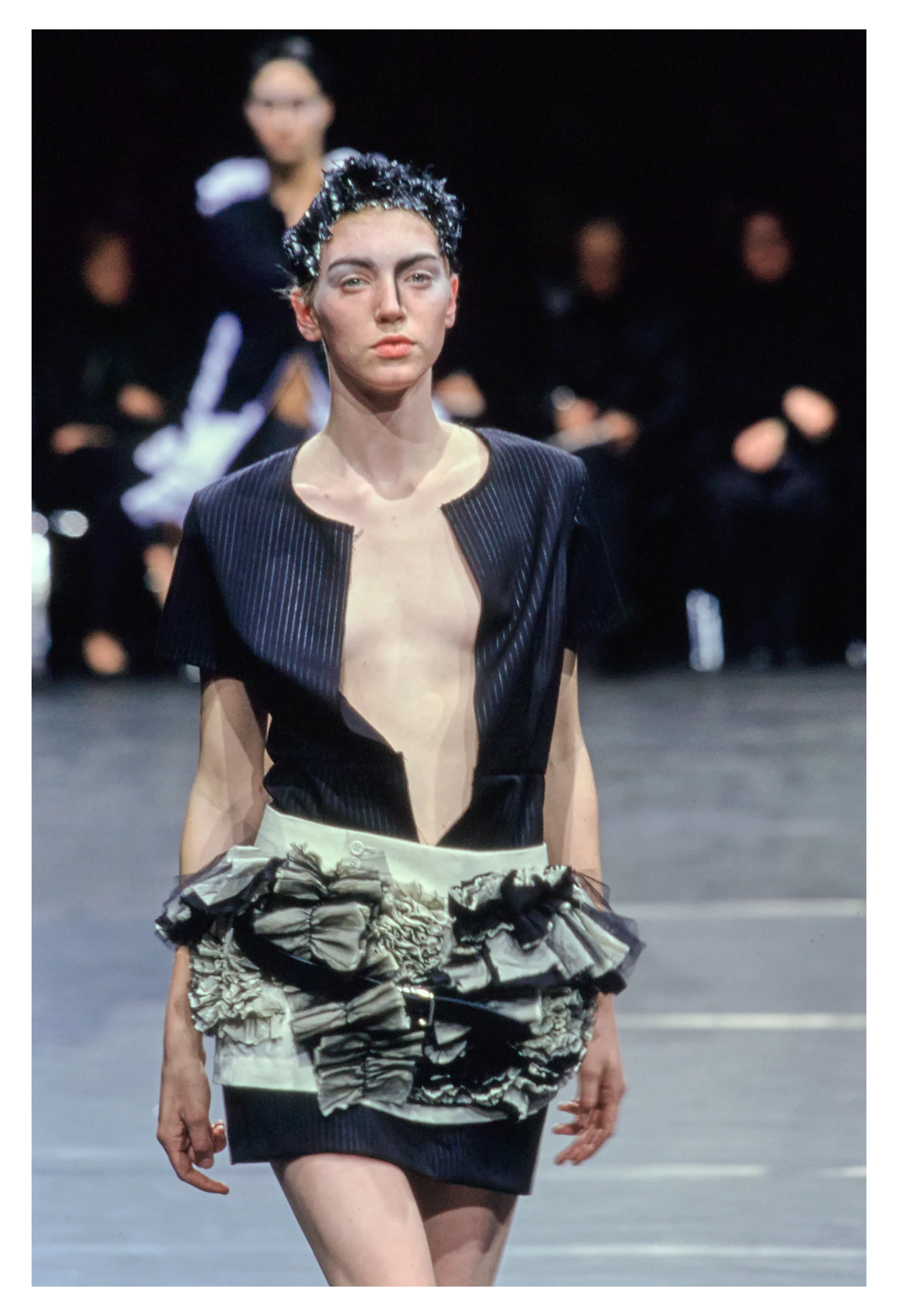 COMME DES GARCONS BLACK AND GRAY PLEATED SKIRT WITH RUFFLES AND LEATHER BUCKLES 2000