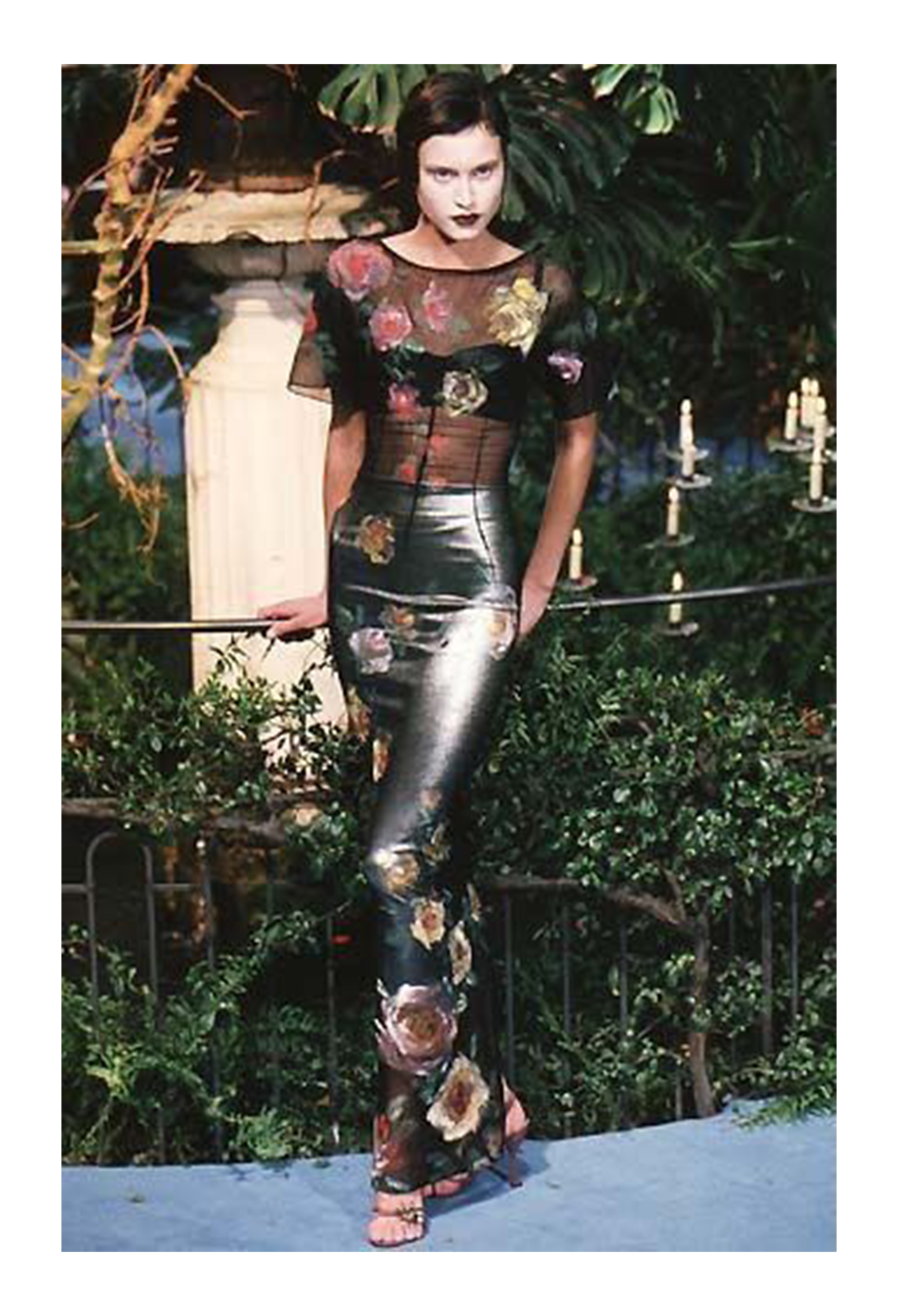 DOLCE & GABBANA BLACK MESH LONG DRESS WITH PAINTED ROSES 1998