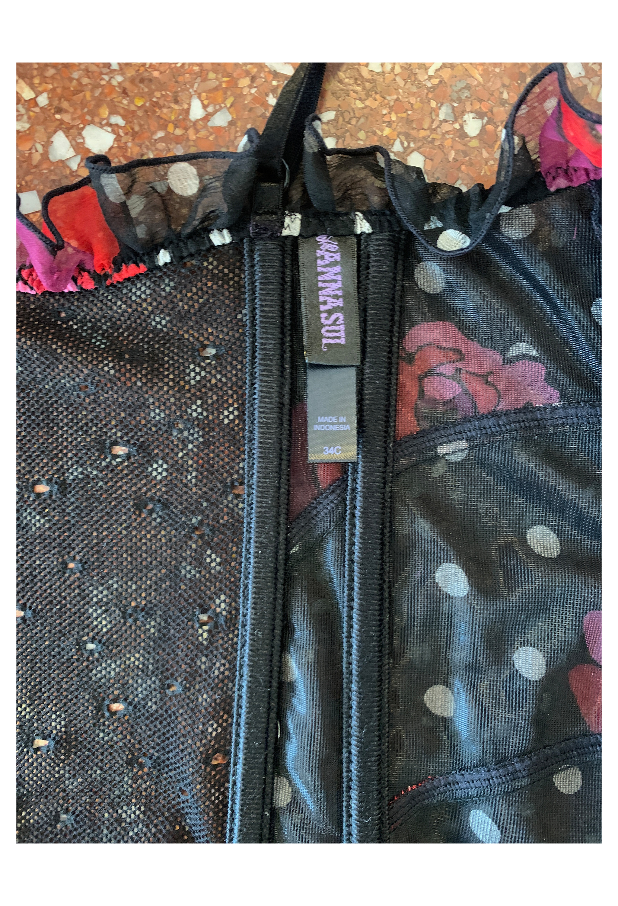 ANNA SUI BLACK CHIFFON CORSET WITH DOT & ROSE PRINT