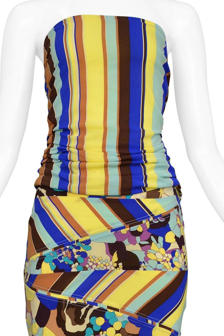 VERSACE FLORAL AND STRIPES STRAPLESS BUSTIER AND SKIRT ENSEMBLE