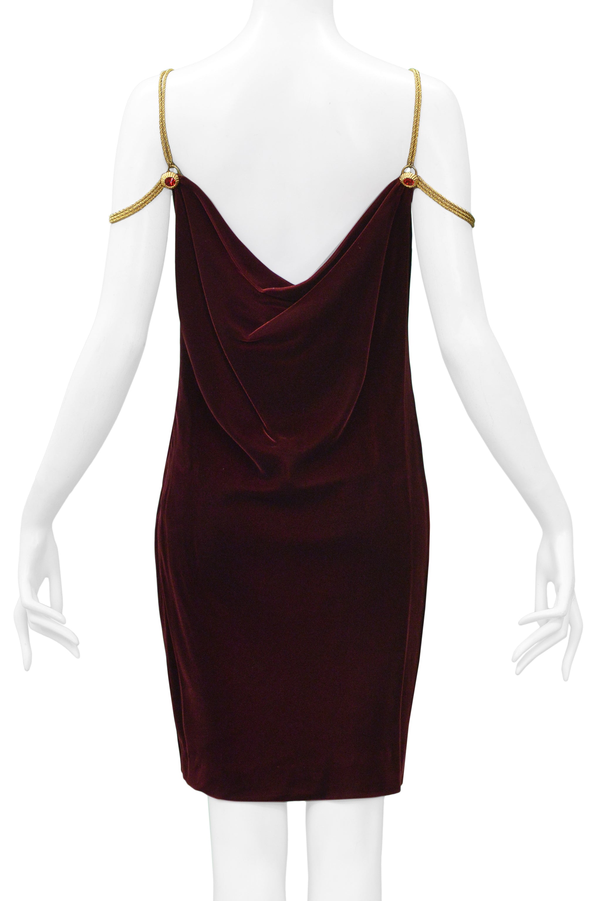 ANNE KLEIN BURGUNDY VELVET DRESS WITH GOLD CHAINS