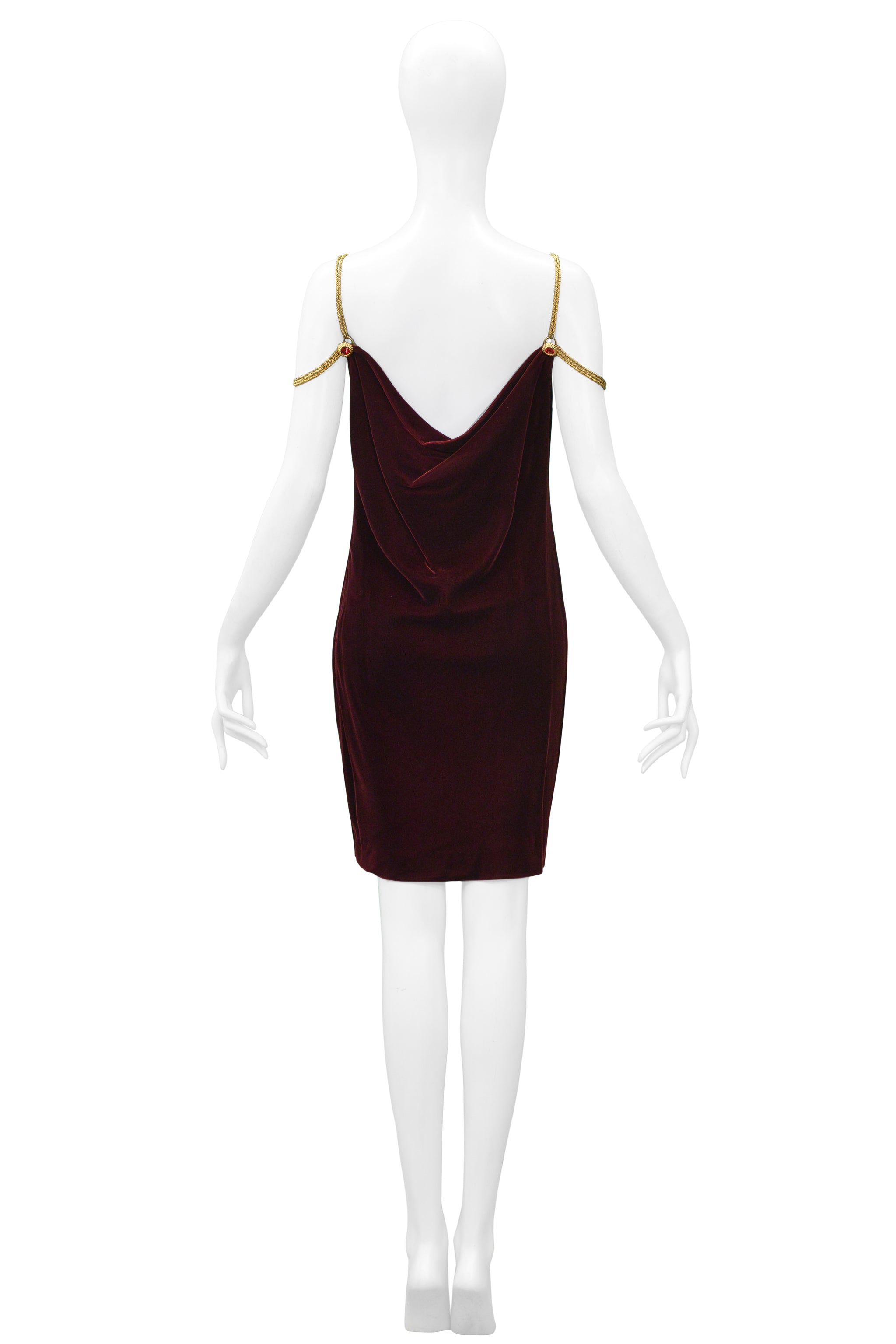ANNE KLEIN BURGUNDY VELVET DRESS WITH GOLD CHAINS