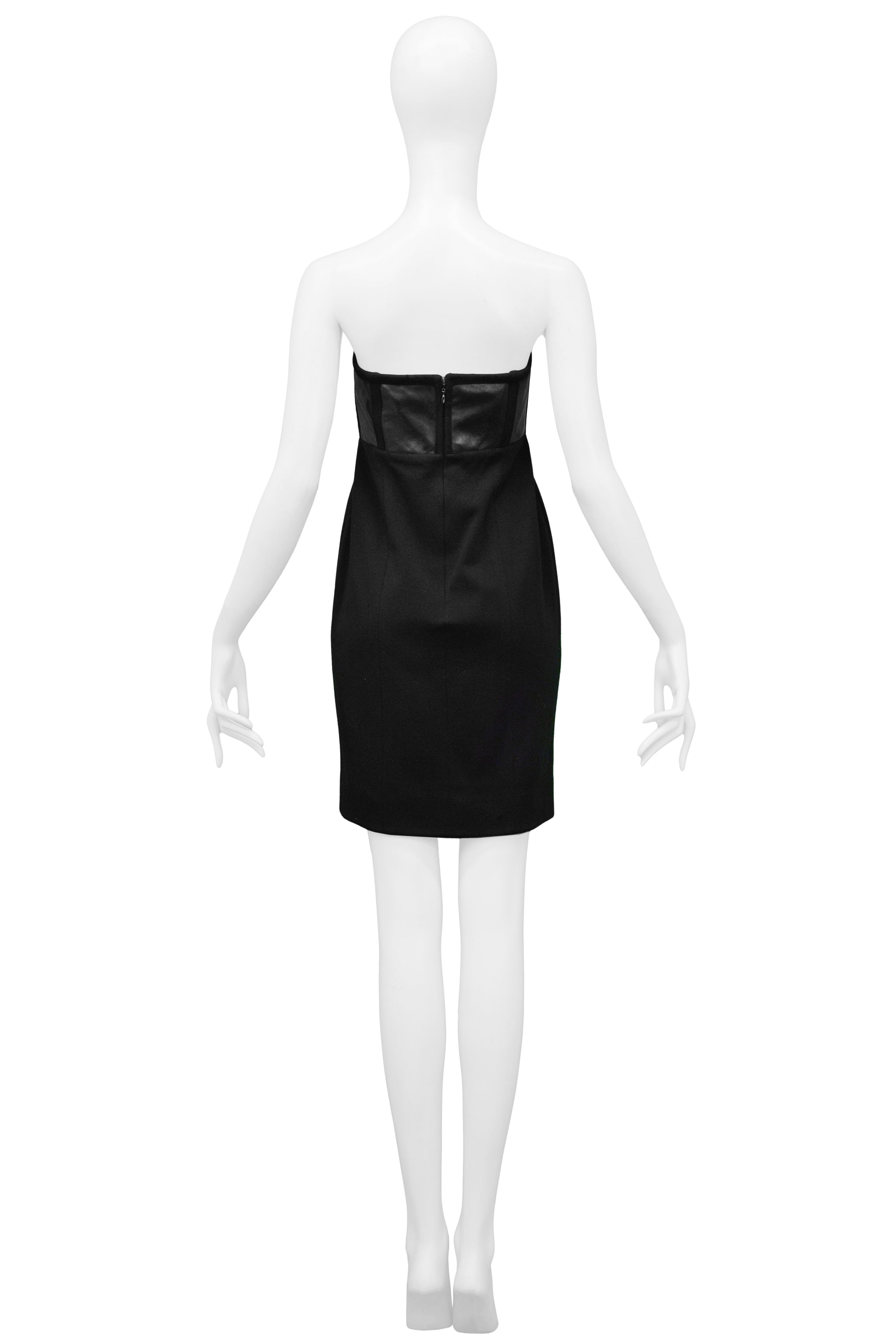 GEOFFREY BEENE BLACK LEATHER & WOOL STRAPLESS DRESS