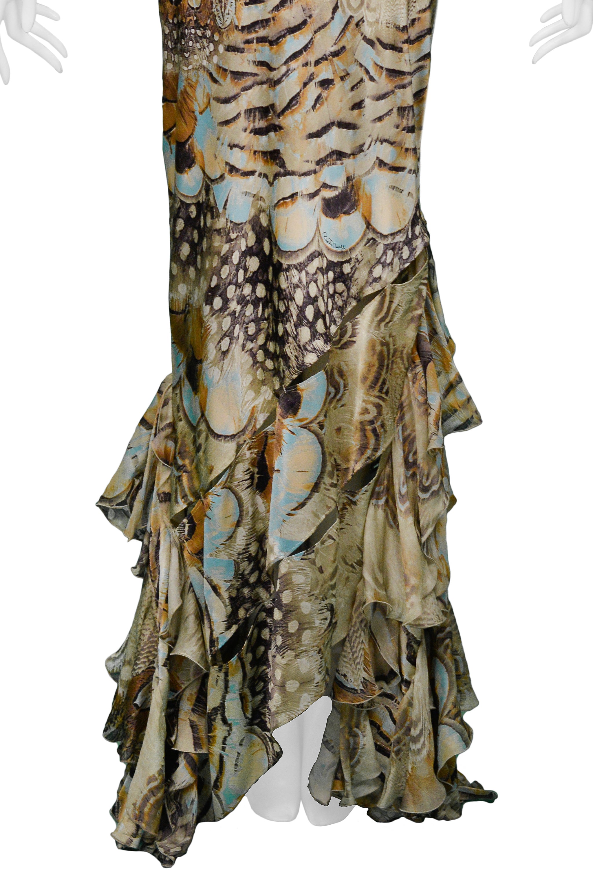 ROBERTO CAVALLI VINTAGE SATIN FEATHER RUFFLE GOWN 2004 RUNWAY