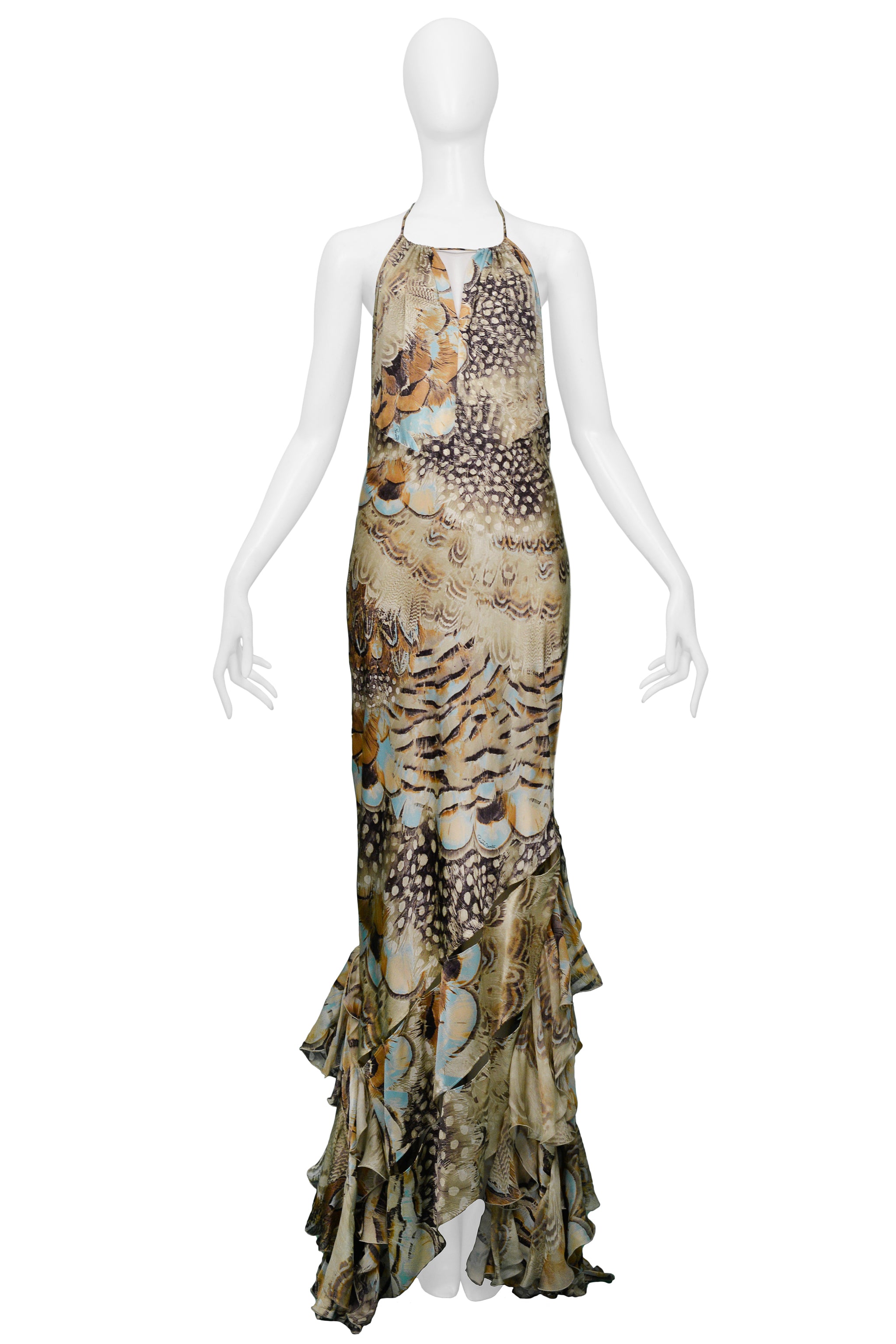 ROBERTO CAVALLI VINTAGE SATIN FEATHER RUFFLE GOWN 2004 RUNWAY