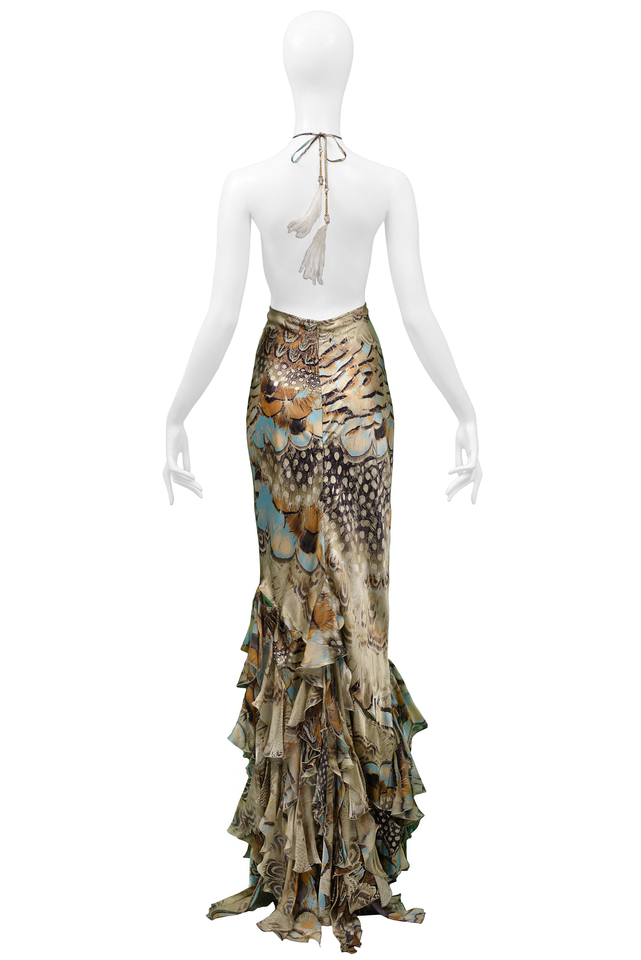 ROBERTO CAVALLI VINTAGE SATIN FEATHER RUFFLE GOWN 2004 RUNWAY