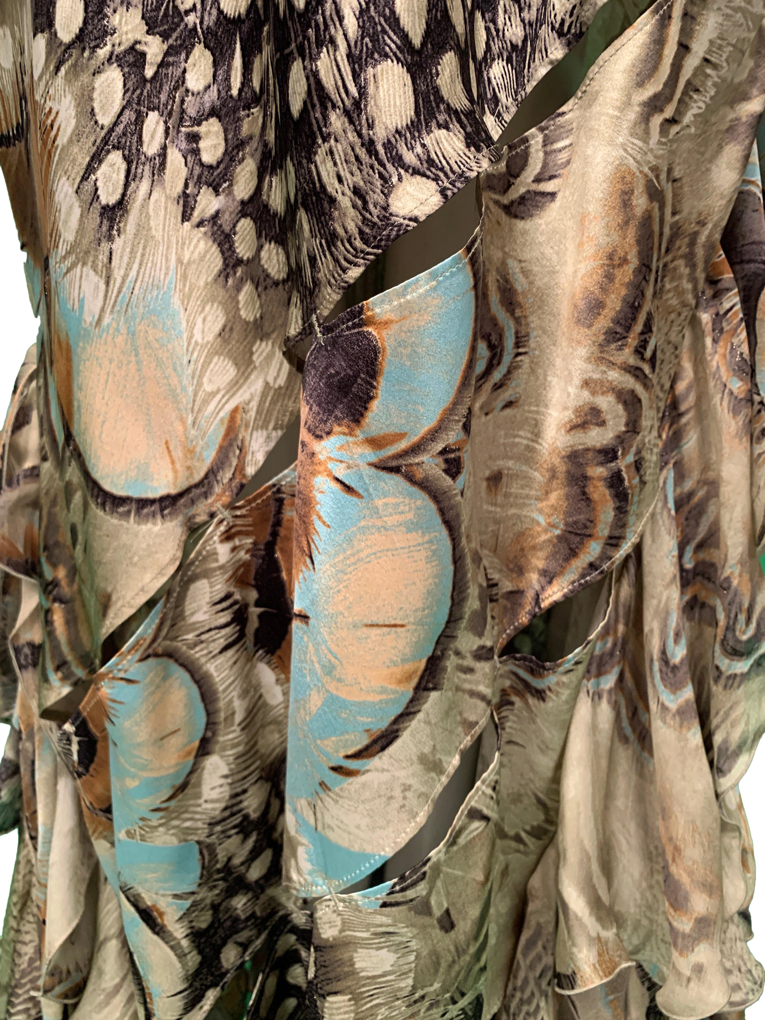 ROBERTO CAVALLI VINTAGE SATIN FEATHER RUFFLE GOWN 2004 RUNWAY