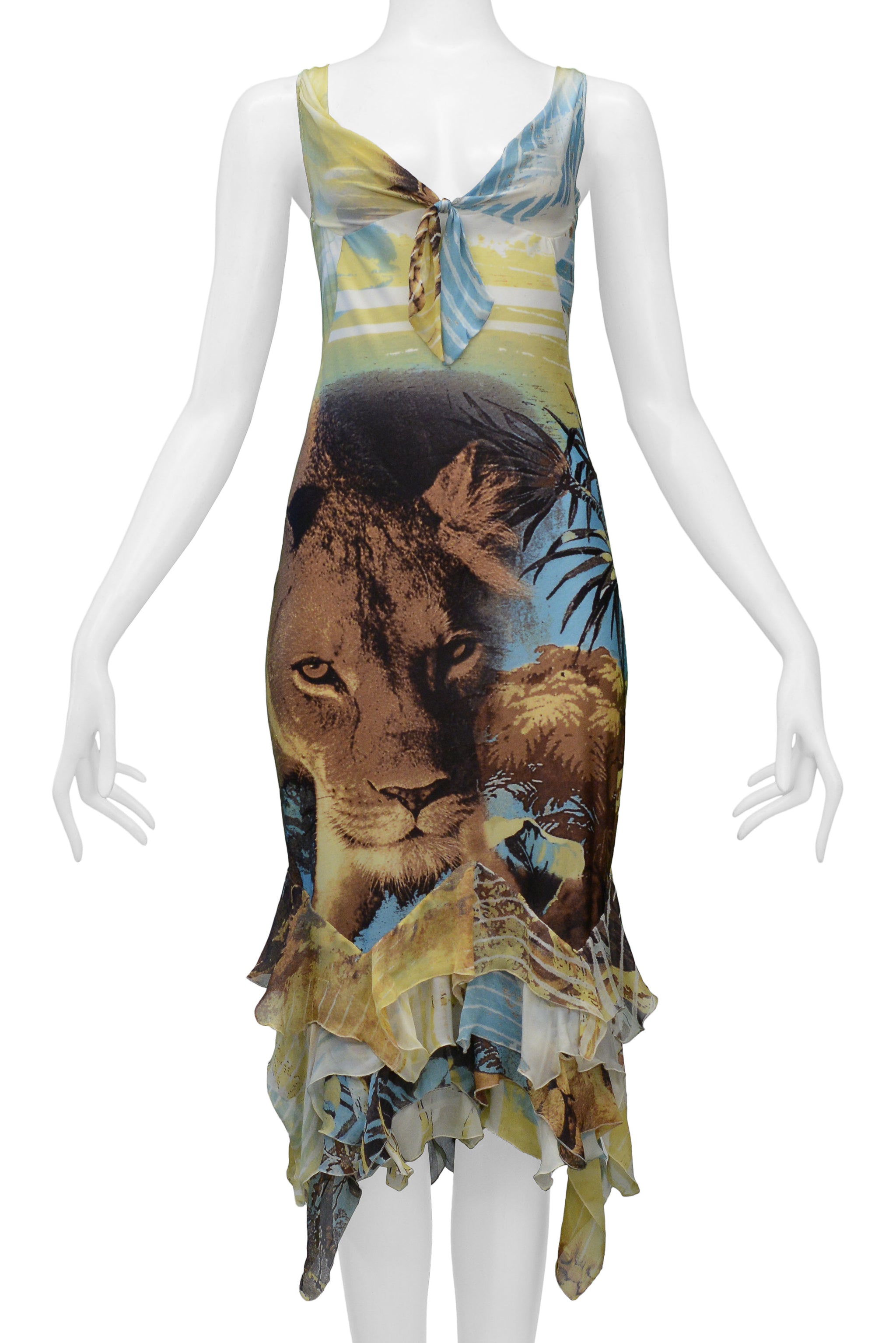ROBERTO CAVALLI LION PRINT DRESS WITH CHIFFON RUFFLES