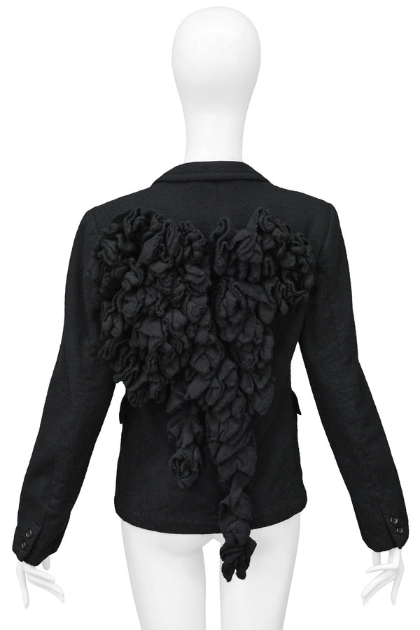 COMME DES GARCONS BLACK WOOL JACKET WITH CUTOUT &  3D RUFFLE HEART 2000