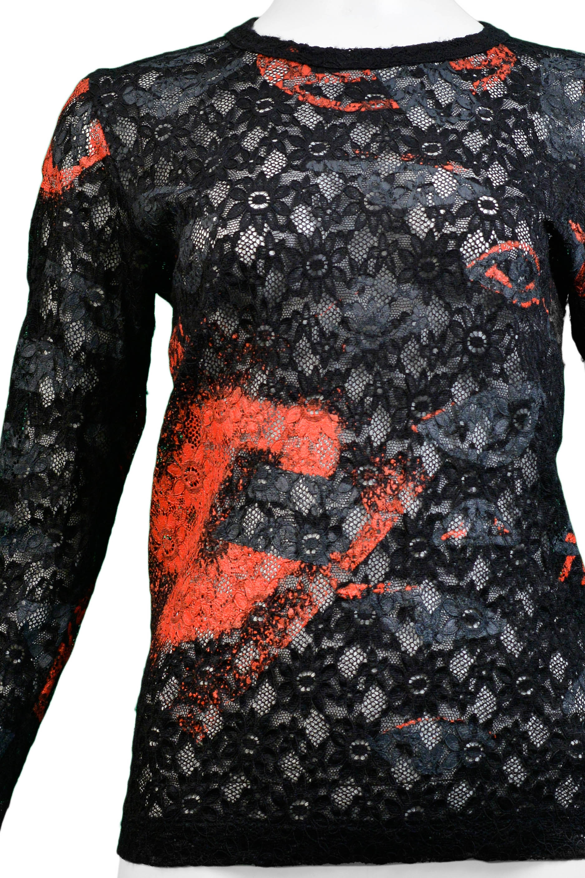 COMME DES GARCONS BLACK, RED & GREY PRINTED LACE TOP 2000