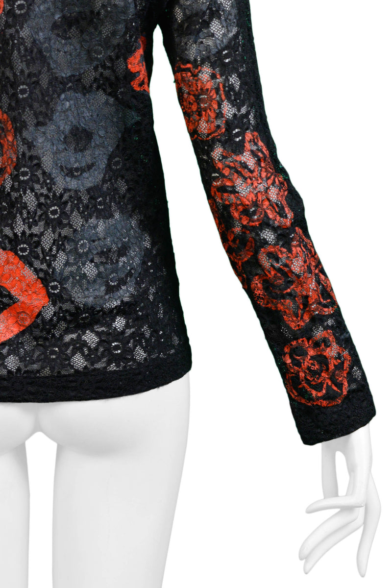 COMME DES GARCONS BLACK, RED & GREY PRINTED LACE TOP 2000