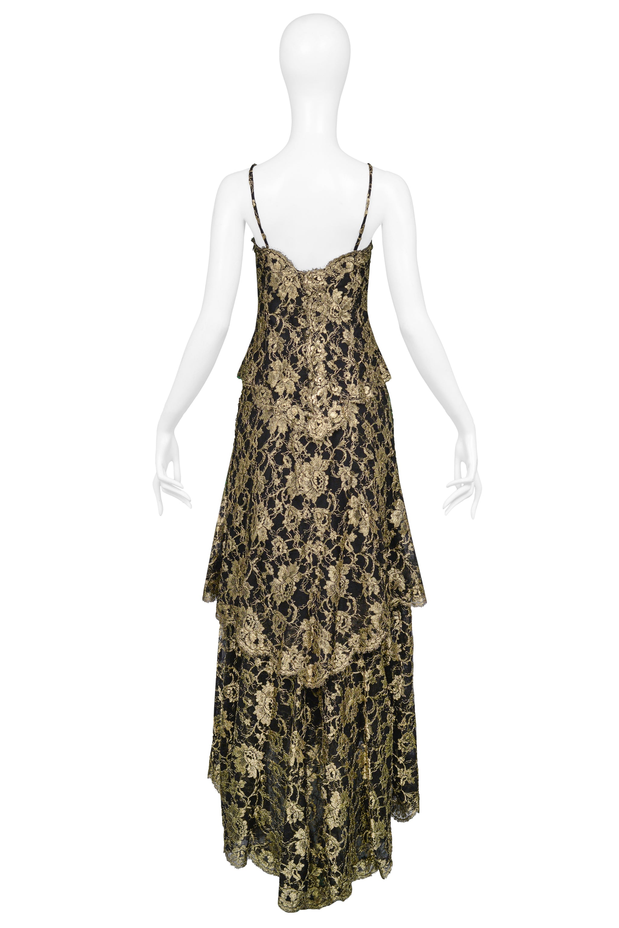 CHANEL GOLD & BLACK LACE EVENING GOWN 1986