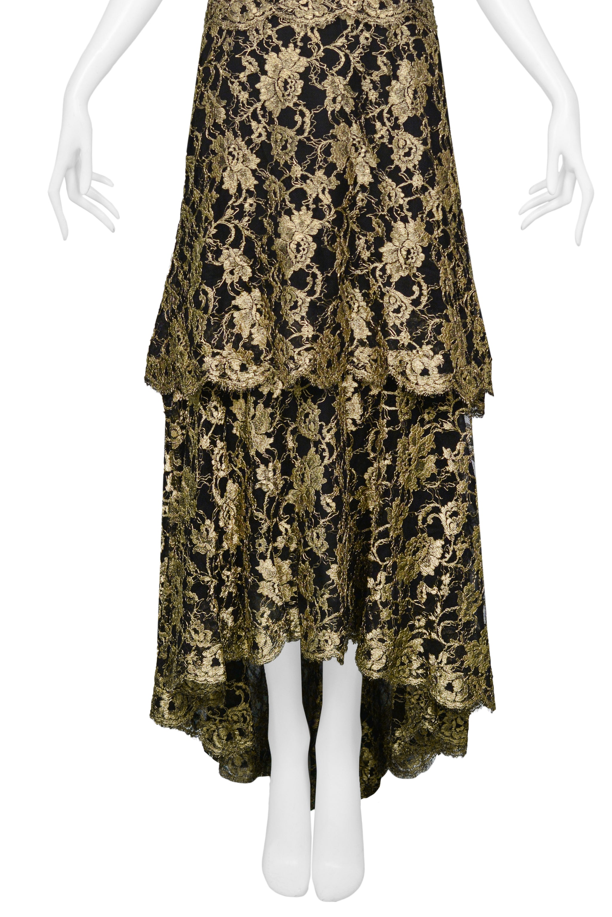 CHANEL GOLD & BLACK LACE EVENING GOWN 1986
