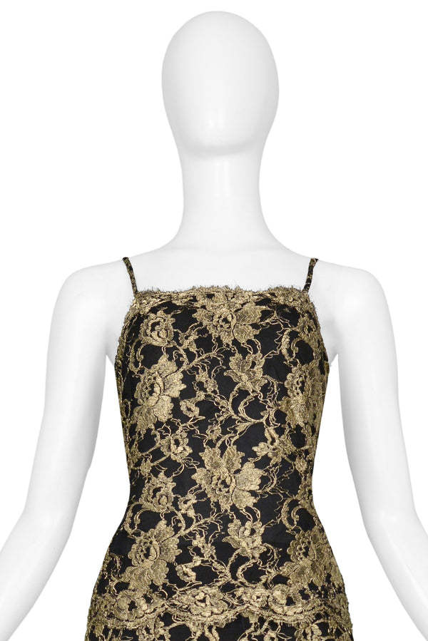 CHANEL GOLD & BLACK LACE EVENING GOWN 1986
