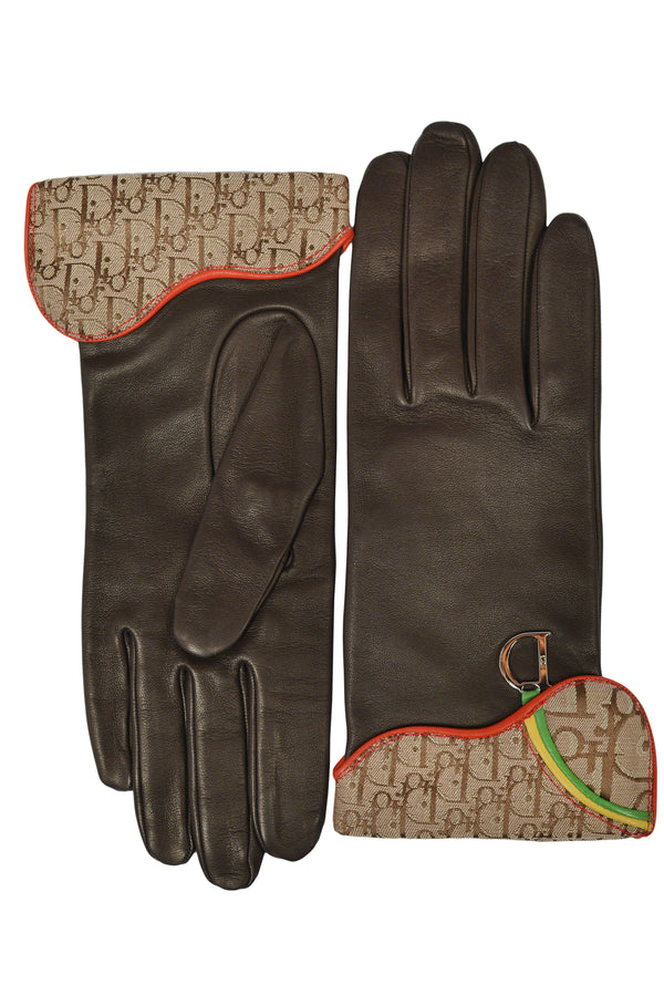 DIOR BROWN LEATHER AND LOGO PRINT "RASTA" GLOVES