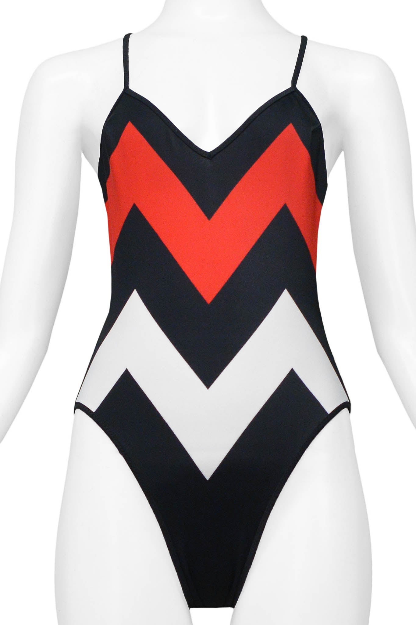 CHRISTIAN DIOR BLACK, RED & WHITE CHEVRON SWIMSUIT 1999